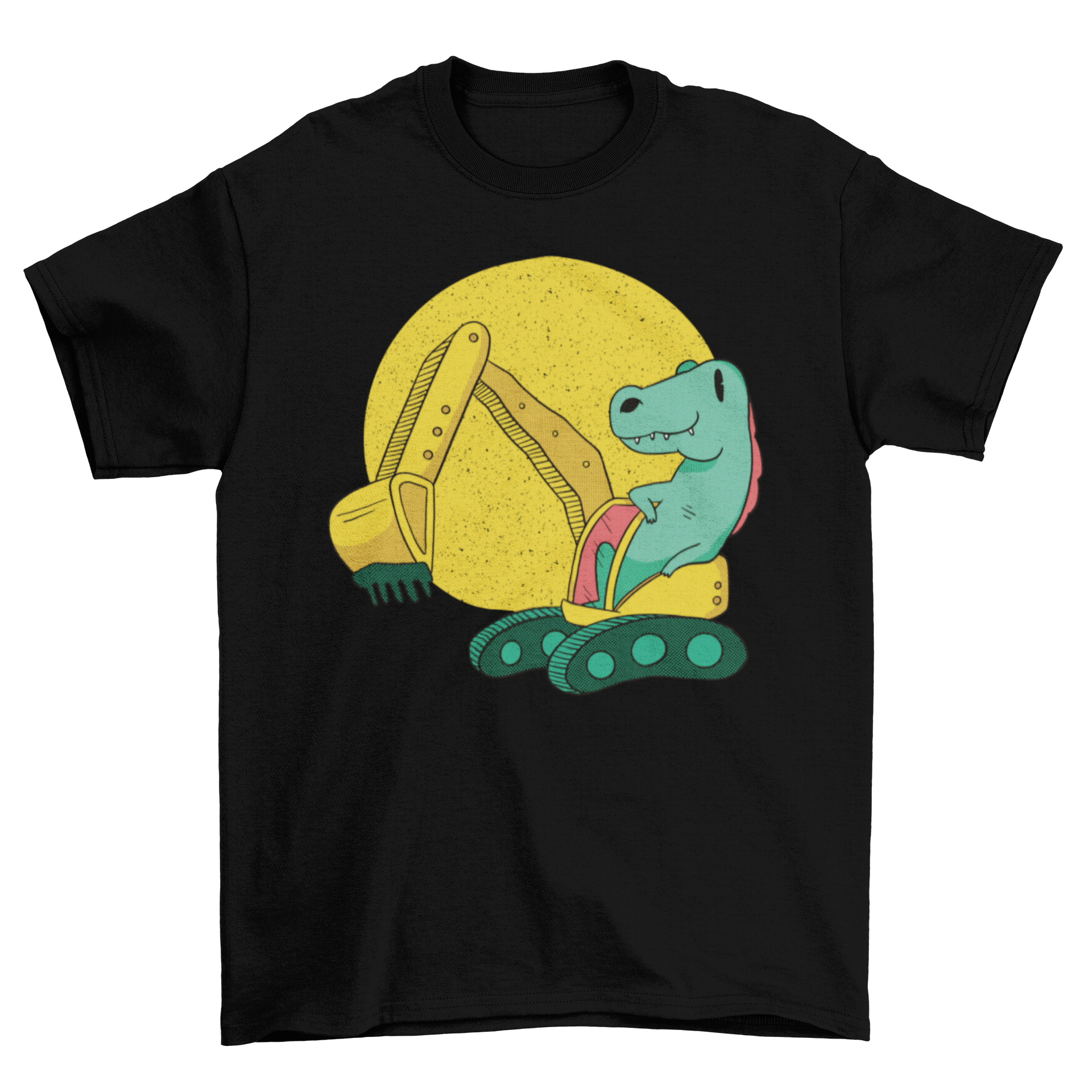 A colorful t-shirt featuring a dinosaur operating an excavator, perfect for kids who love dinosaurs and construction.