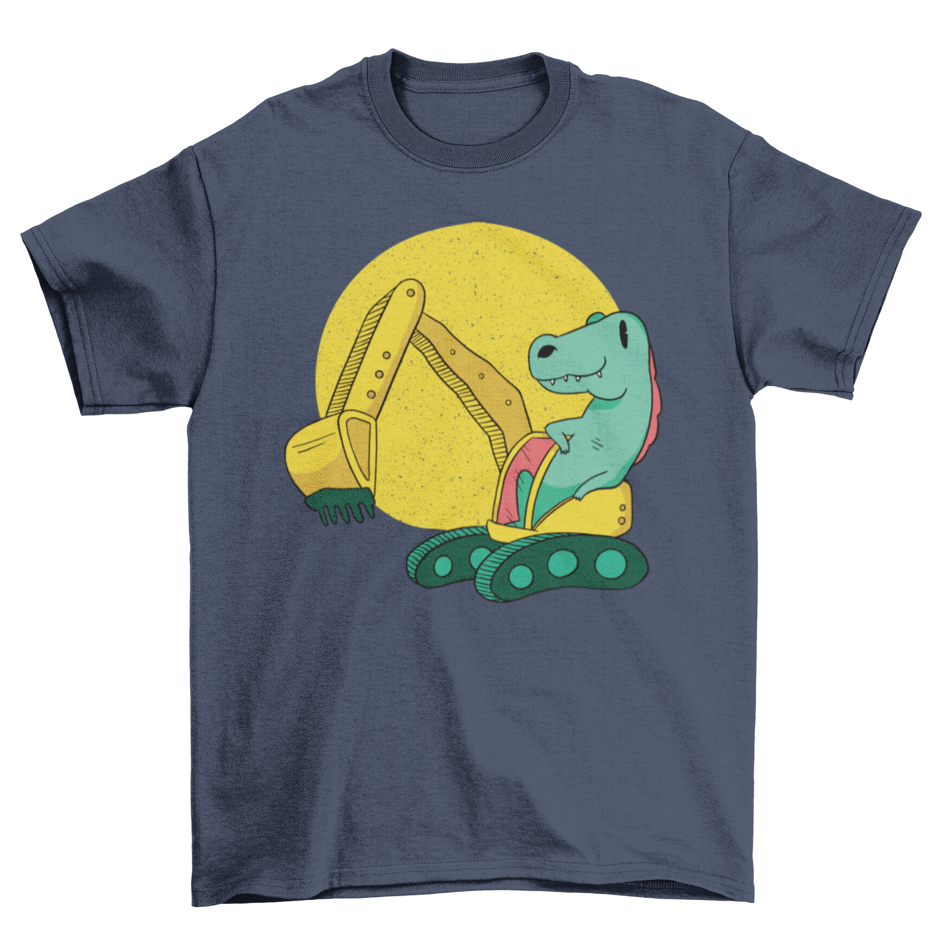 A colorful t-shirt featuring a dinosaur operating an excavator, perfect for kids who love dinosaurs and construction.