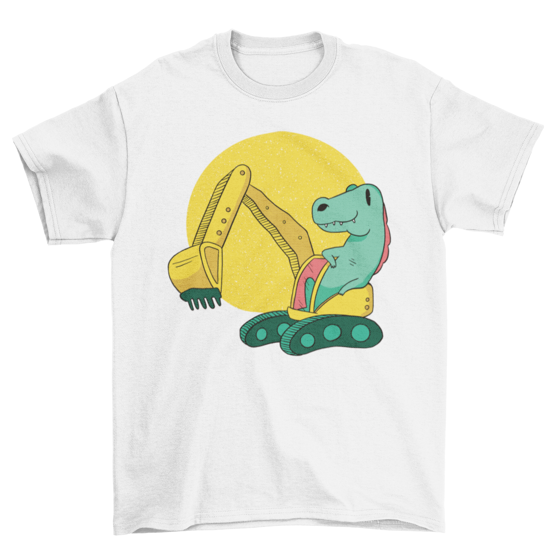 A colorful t-shirt featuring a dinosaur operating an excavator, perfect for kids who love dinosaurs and construction.