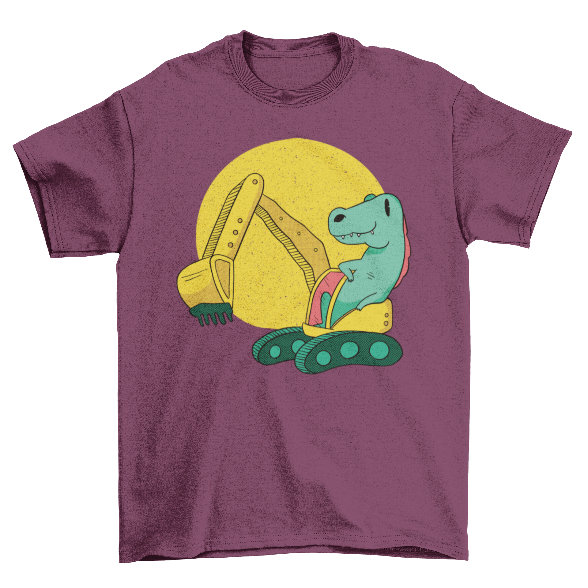 A colorful t-shirt featuring a dinosaur operating an excavator, perfect for kids who love dinosaurs and construction.