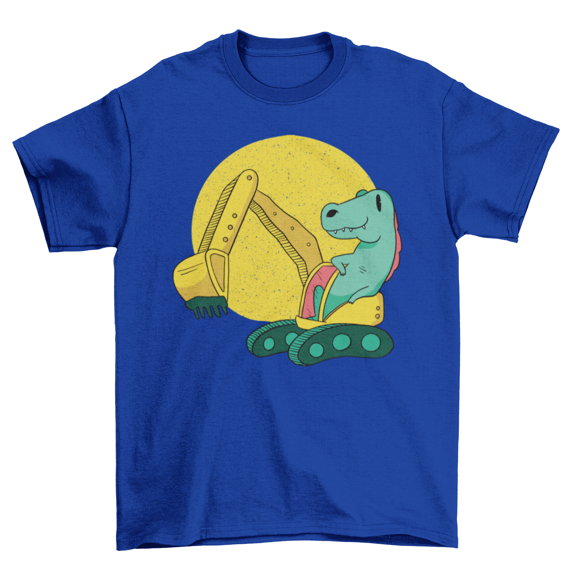 A colorful t-shirt featuring a dinosaur operating an excavator, perfect for kids who love dinosaurs and construction.