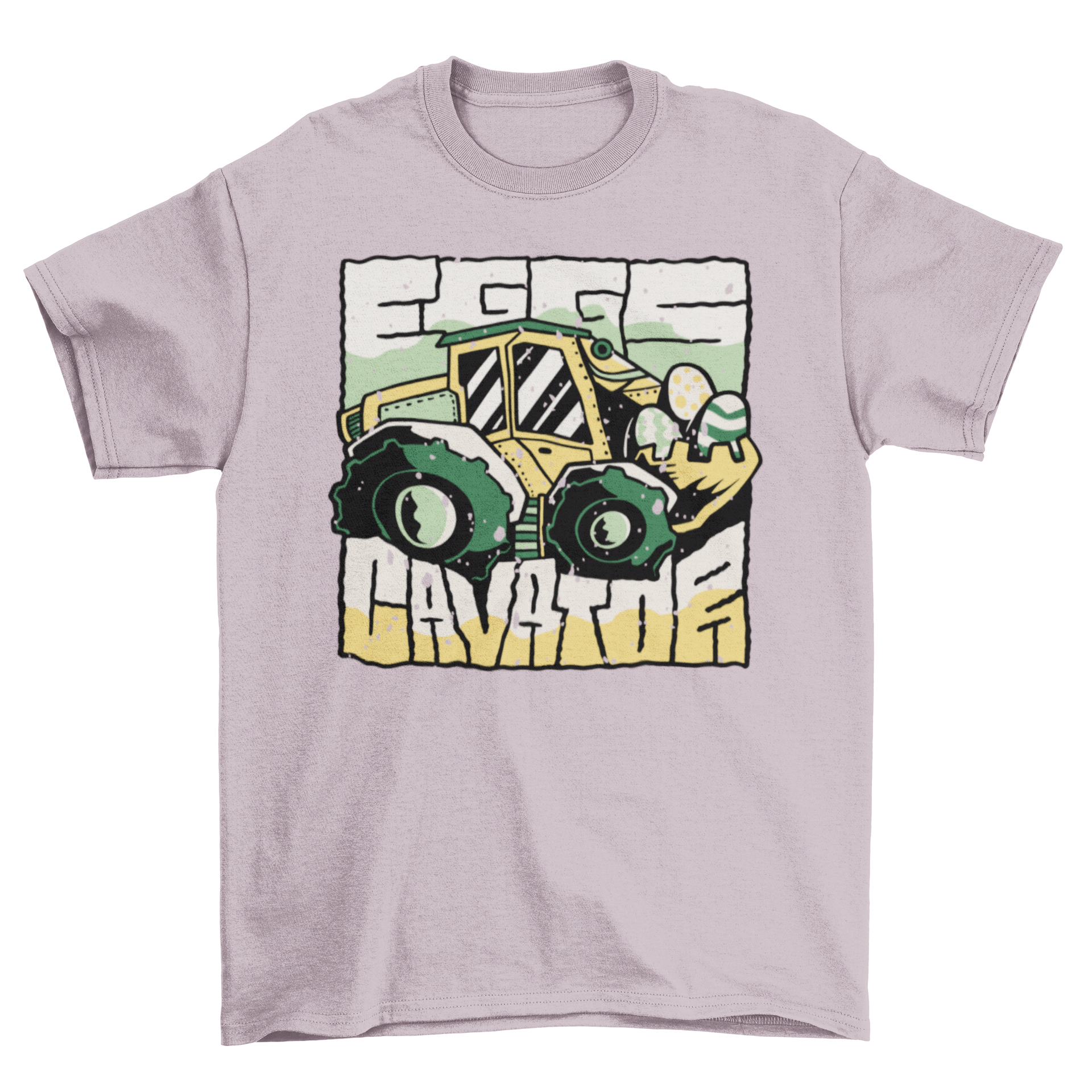 A colorful t-shirt featuring an excavator lifting vibrant Easter eggs, perfect for festive occasions.