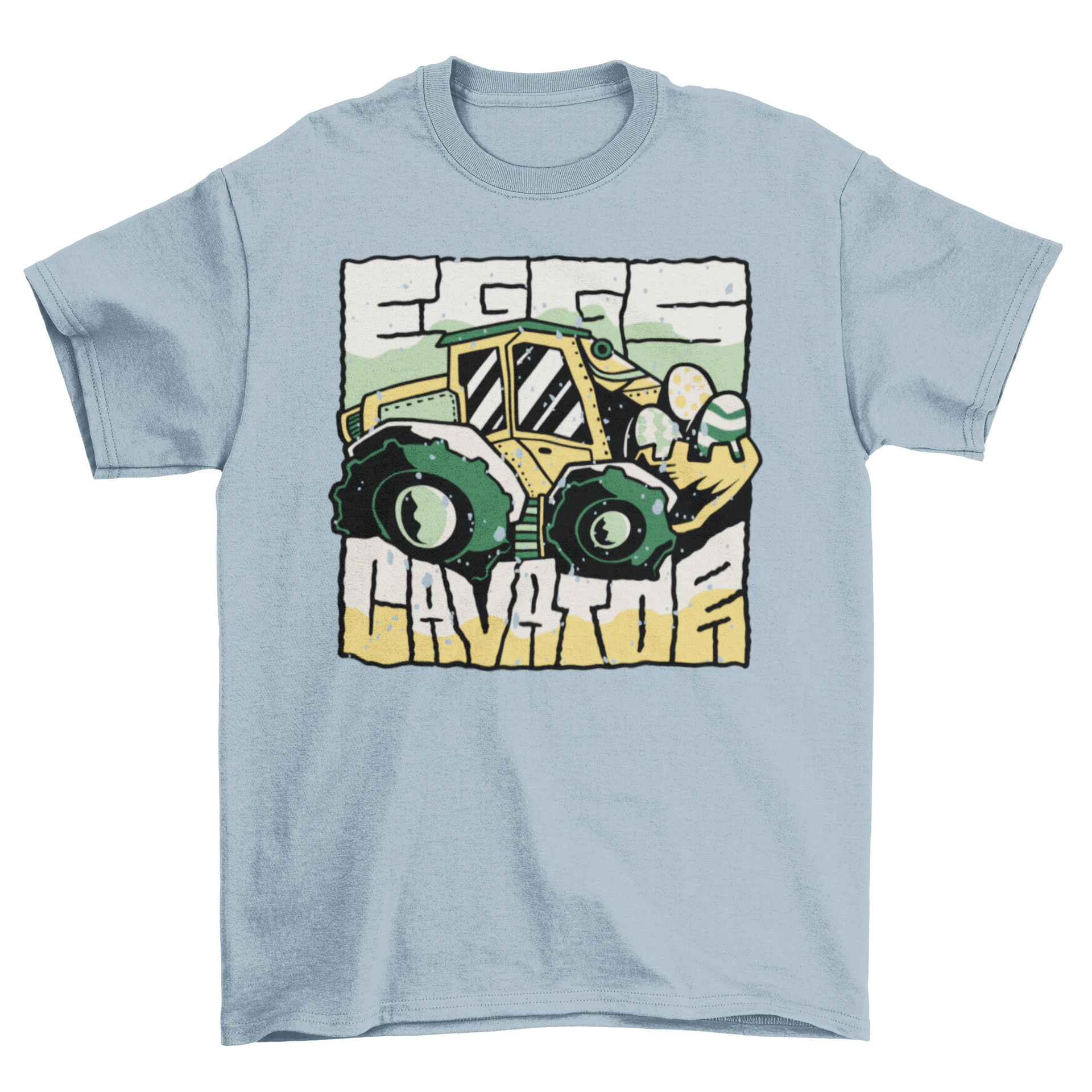 A colorful t-shirt featuring an excavator lifting vibrant Easter eggs, perfect for festive occasions.