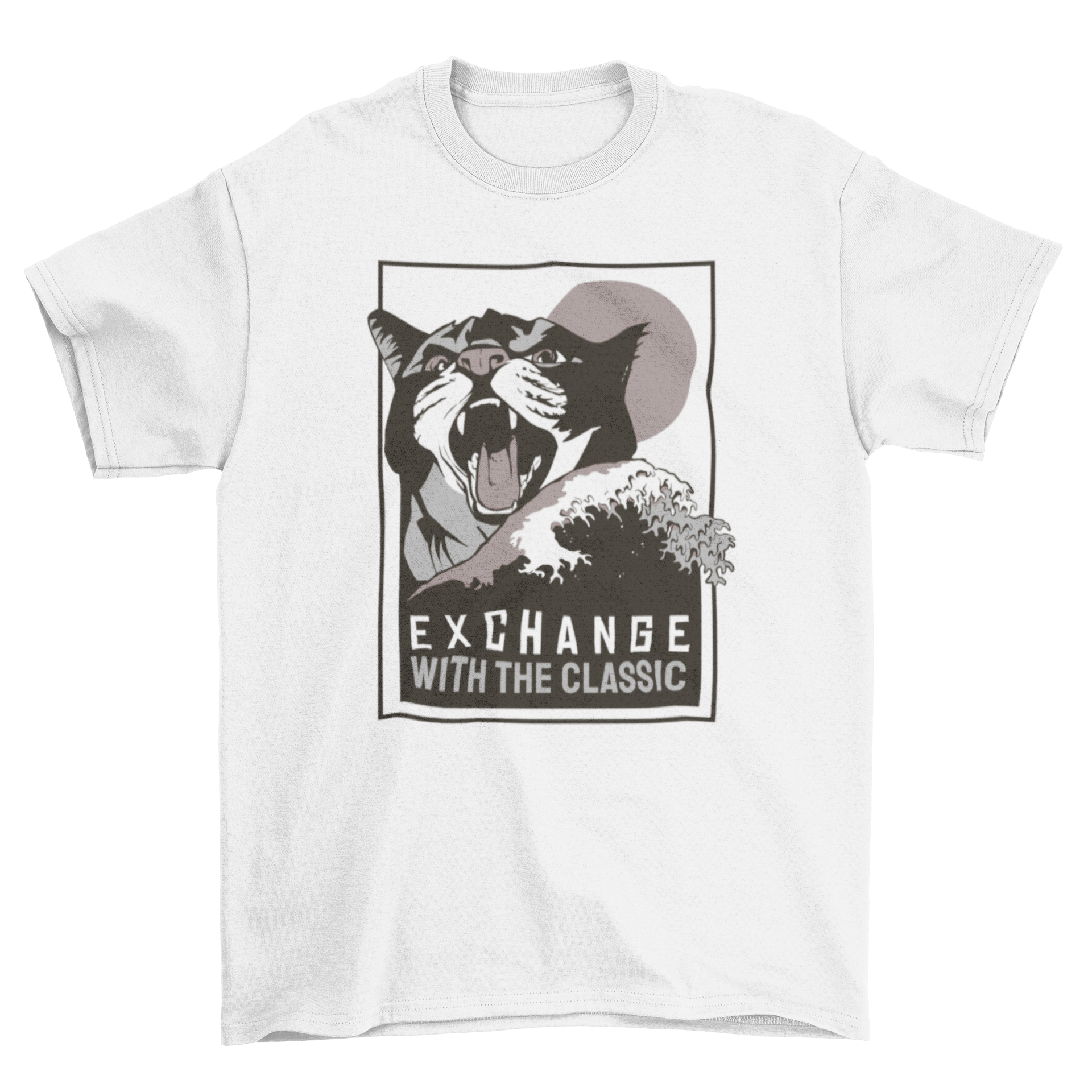 Exchange Classic T-Shirt featuring a playful cat design and the quote 'Exchange with the classic'.