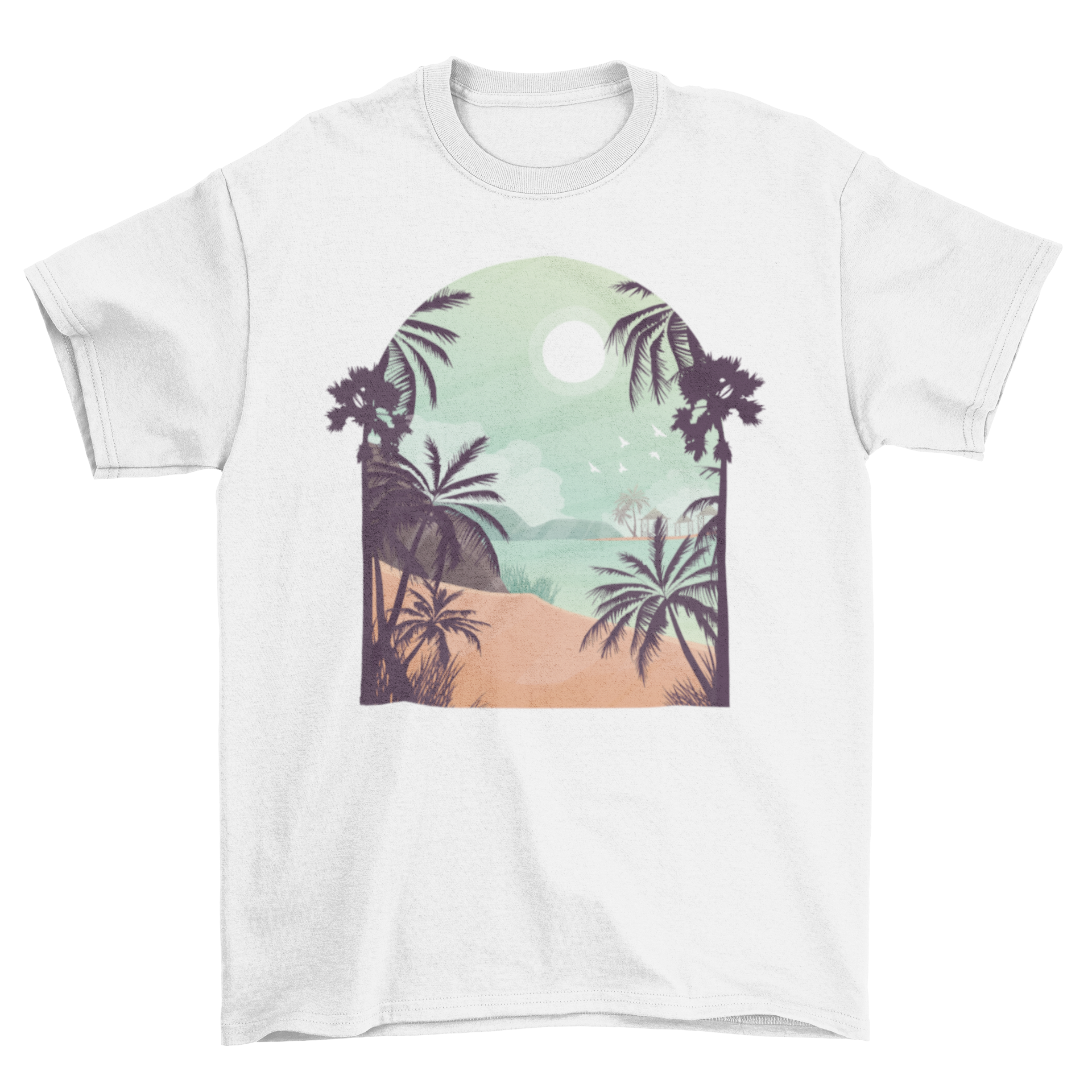 A graphic T-shirt featuring a serene tropical beach view with soft colors, perfect for summer wear.