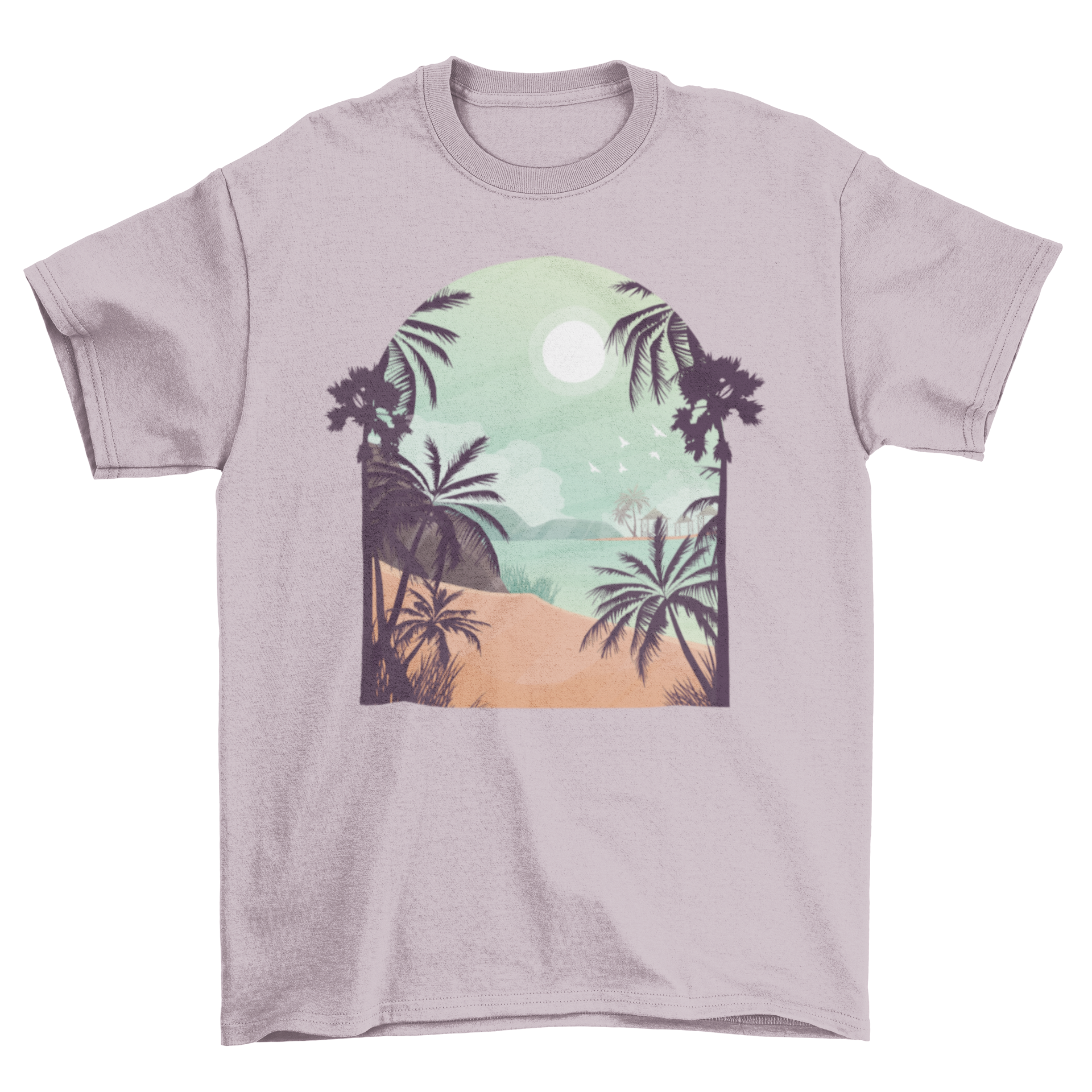 A graphic T-shirt featuring a serene tropical beach view with soft colors, perfect for summer wear.