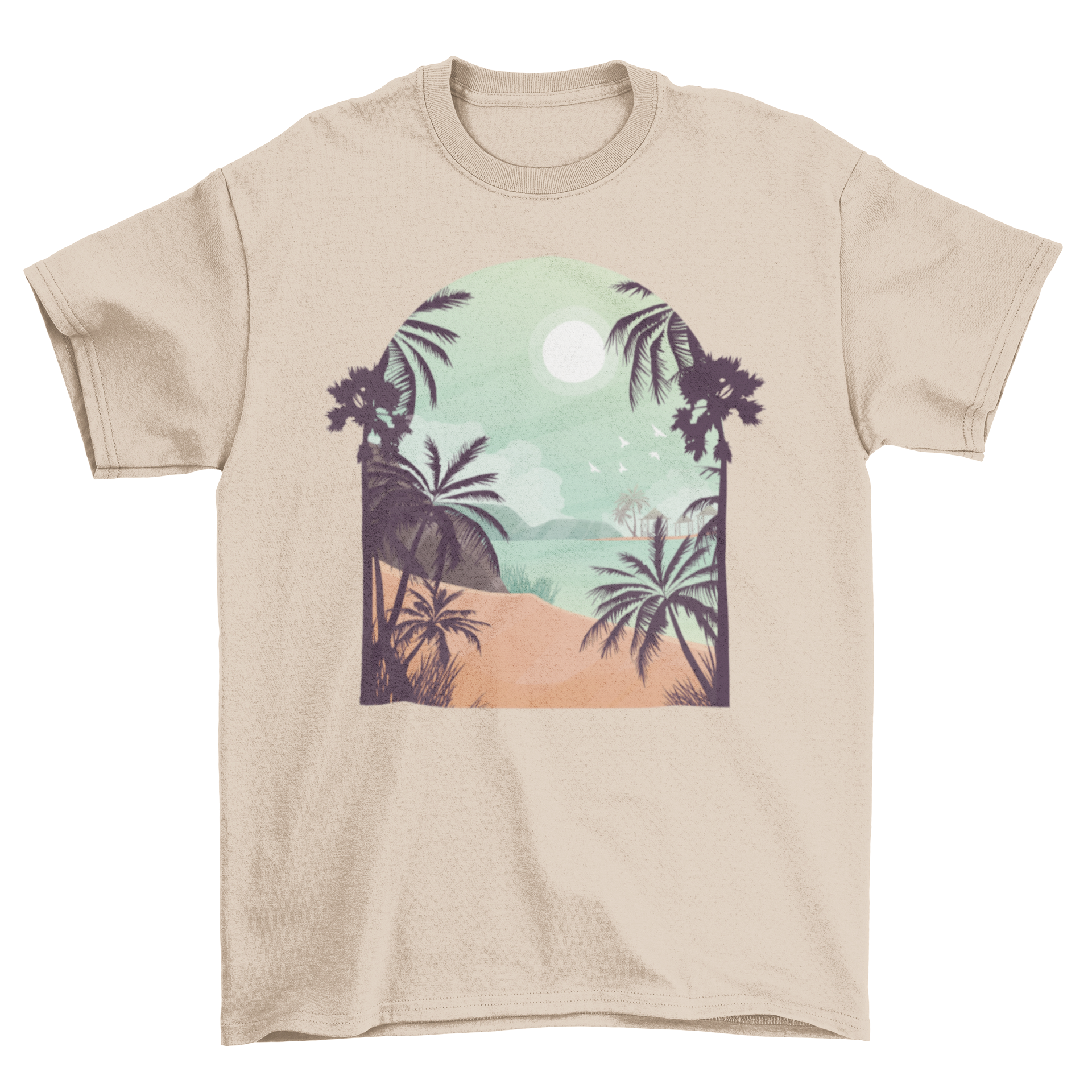 A graphic T-shirt featuring a serene tropical beach view with soft colors, perfect for summer wear.