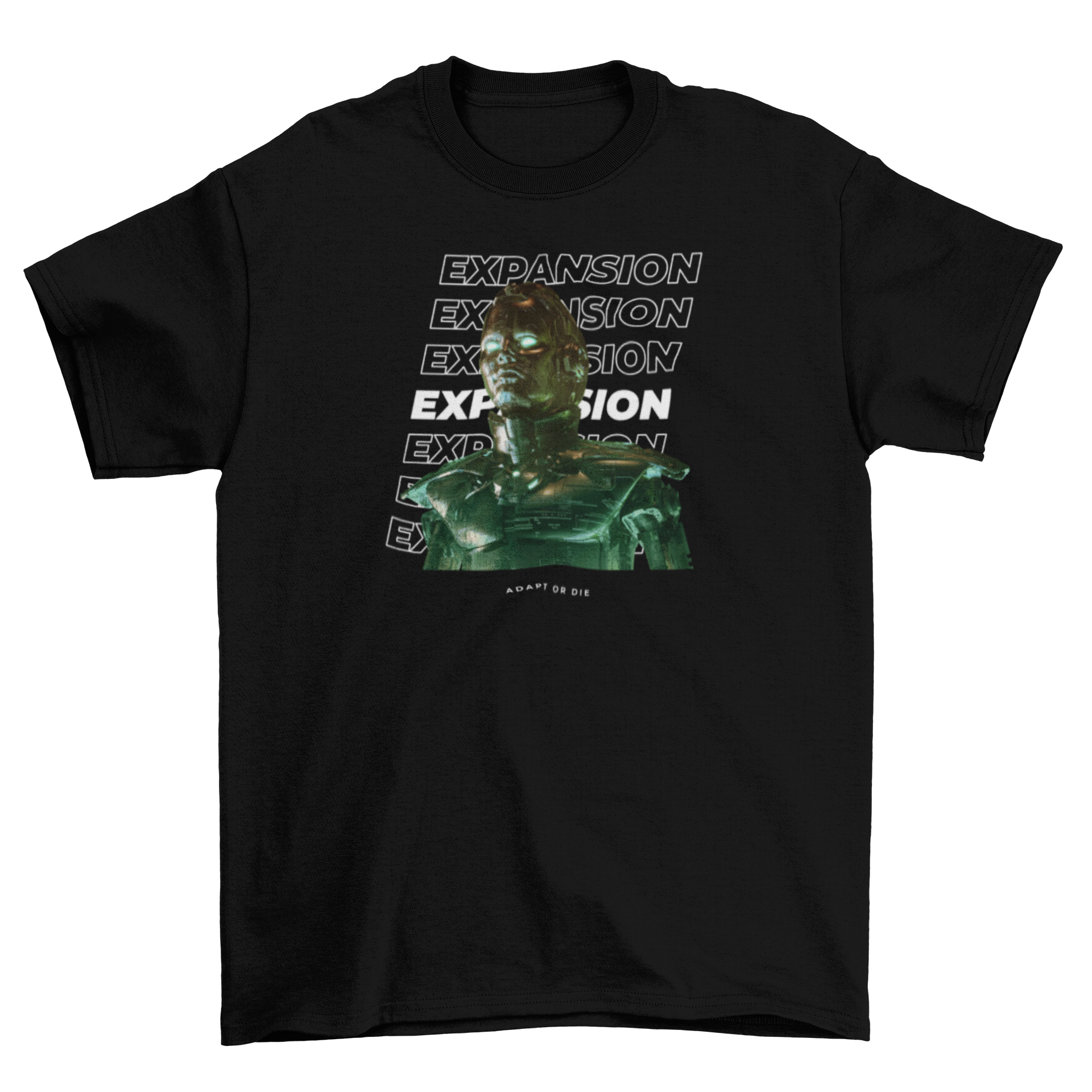 A stylish t-shirt featuring a robot graphic and the quote 'Expansion', perfect for casual wear.