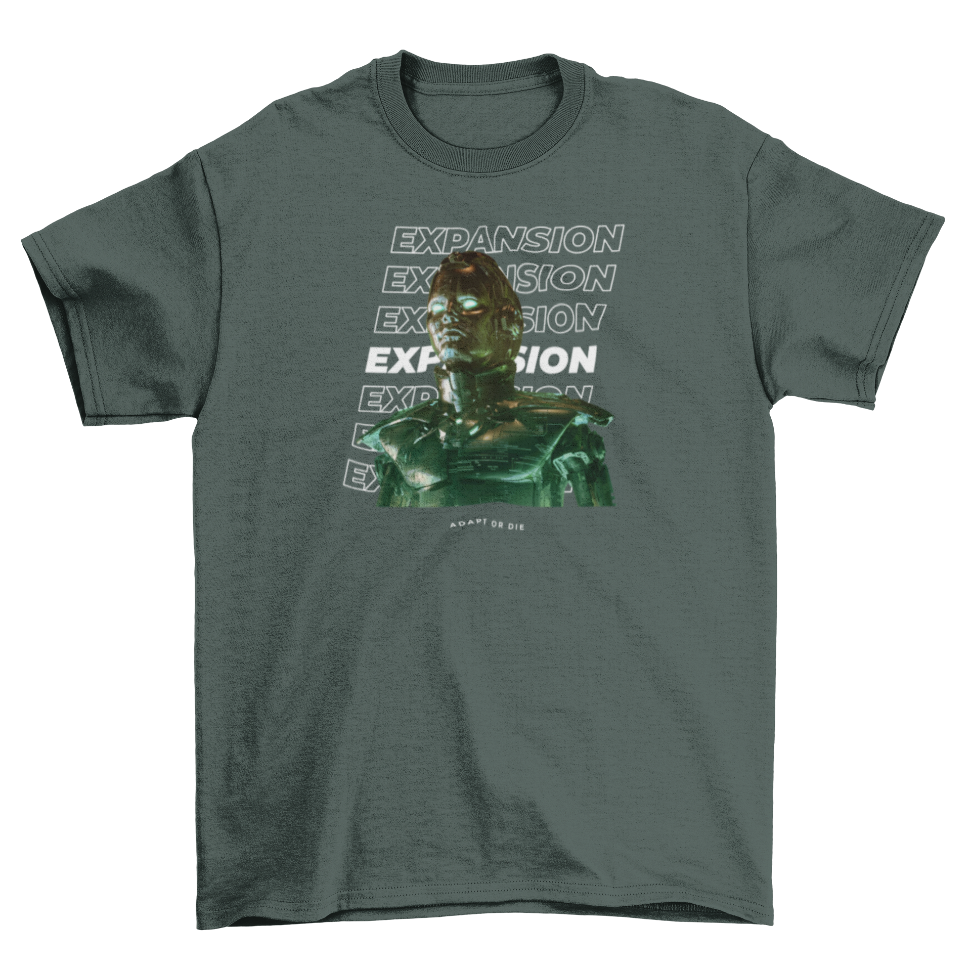 A stylish t-shirt featuring a robot graphic and the quote 'Expansion', perfect for casual wear.