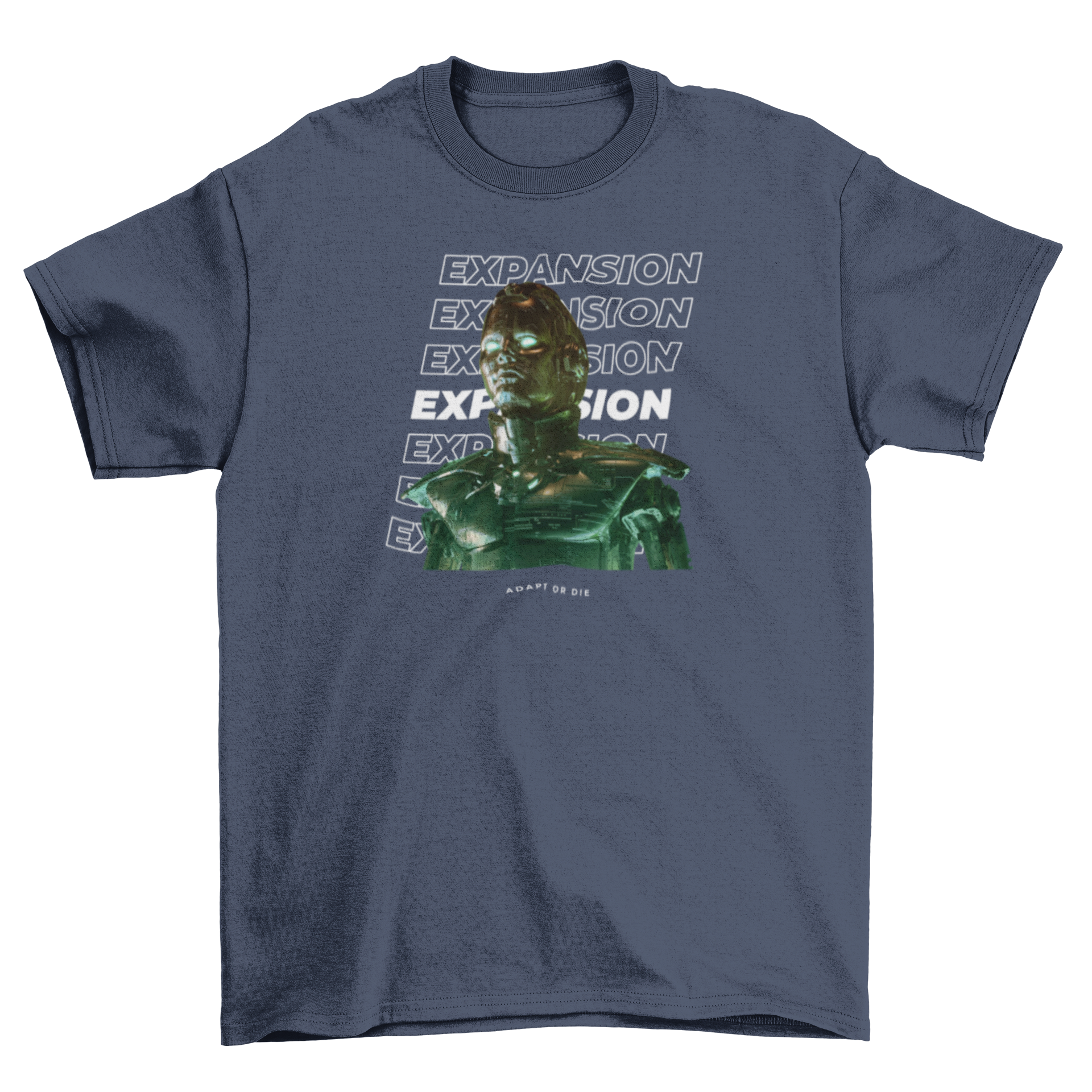 A stylish t-shirt featuring a robot graphic and the quote 'Expansion', perfect for casual wear.