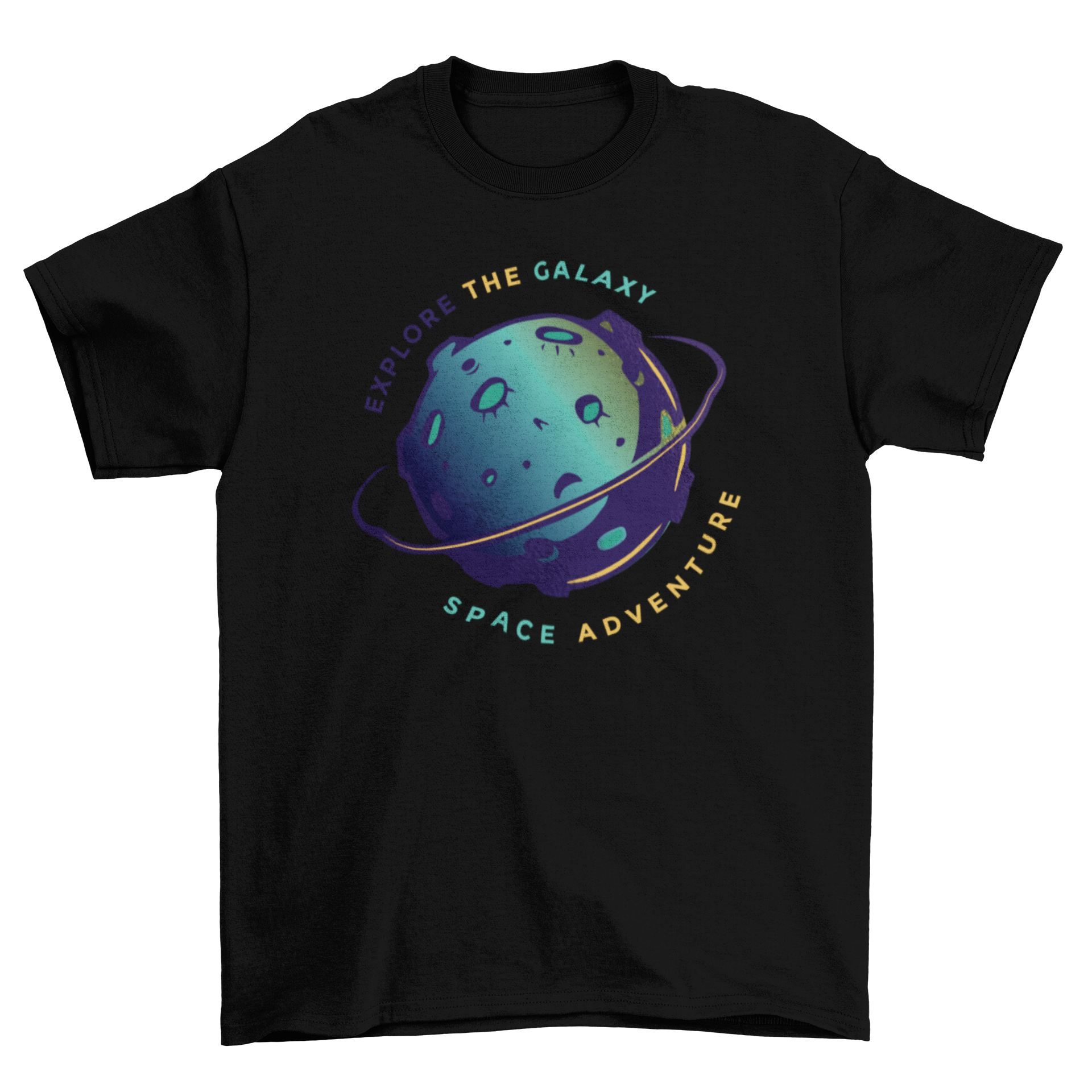 Explore the Galaxy t-shirt featuring a planet with craters and a ring, showcasing a space-themed design.