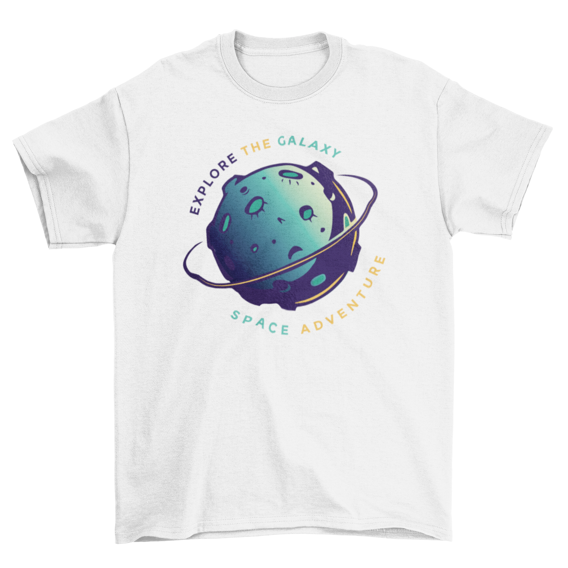 Explore the Galaxy t-shirt featuring a planet with craters and a ring, showcasing a space-themed design.