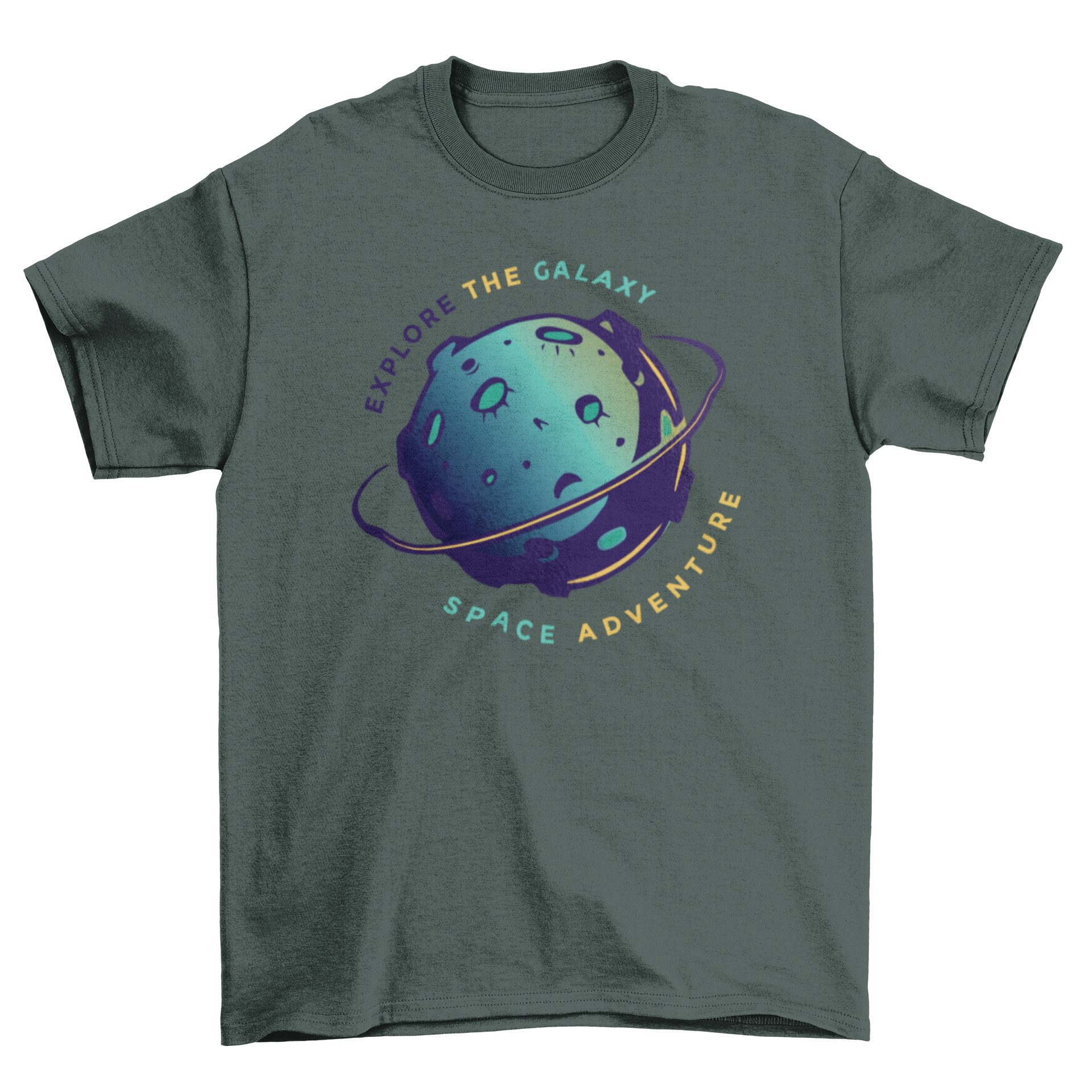 Explore the Galaxy t-shirt featuring a planet with craters and a ring, showcasing a space-themed design.