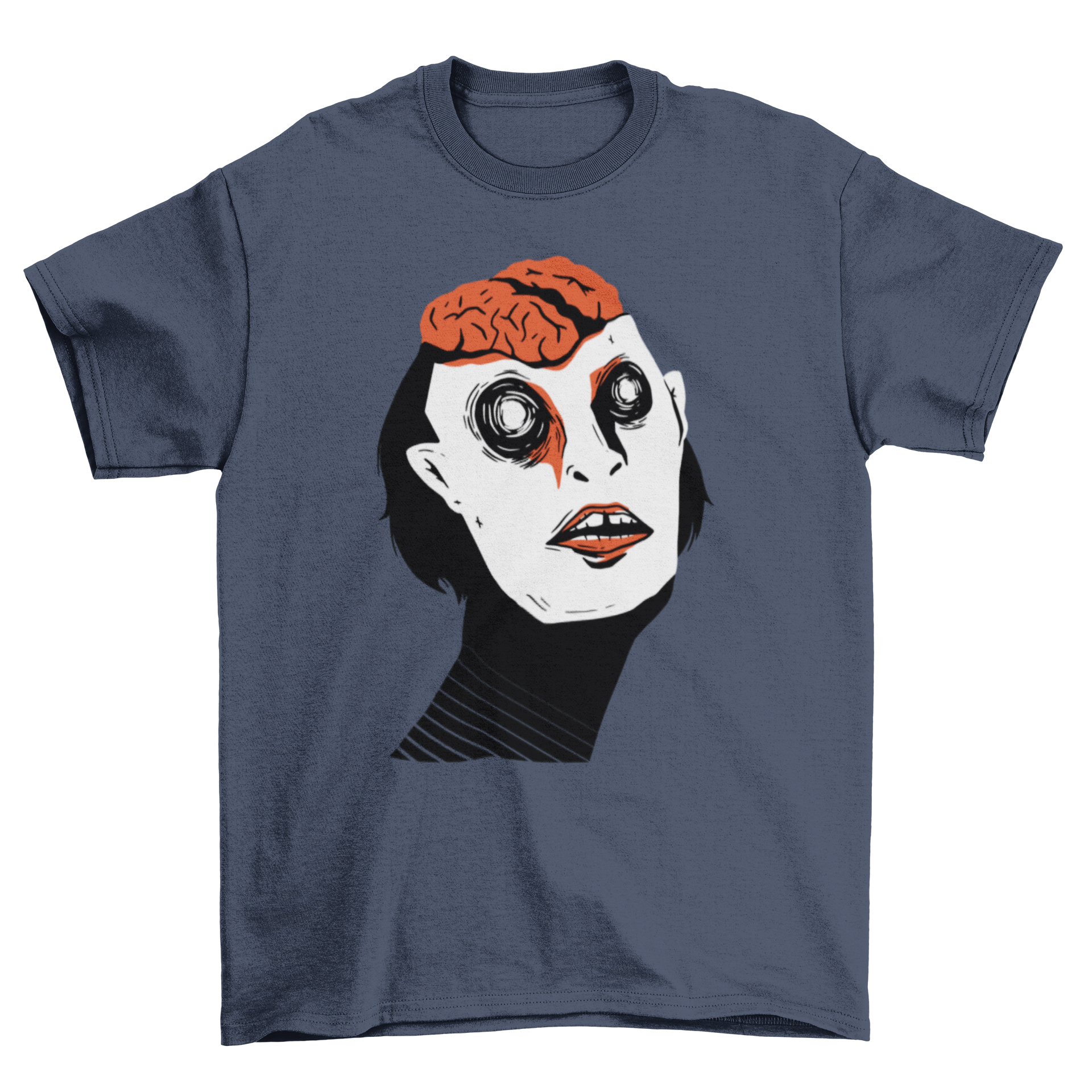 Halloween-themed t-shirt featuring a creepy character with an exposed brain and bloody eyes.