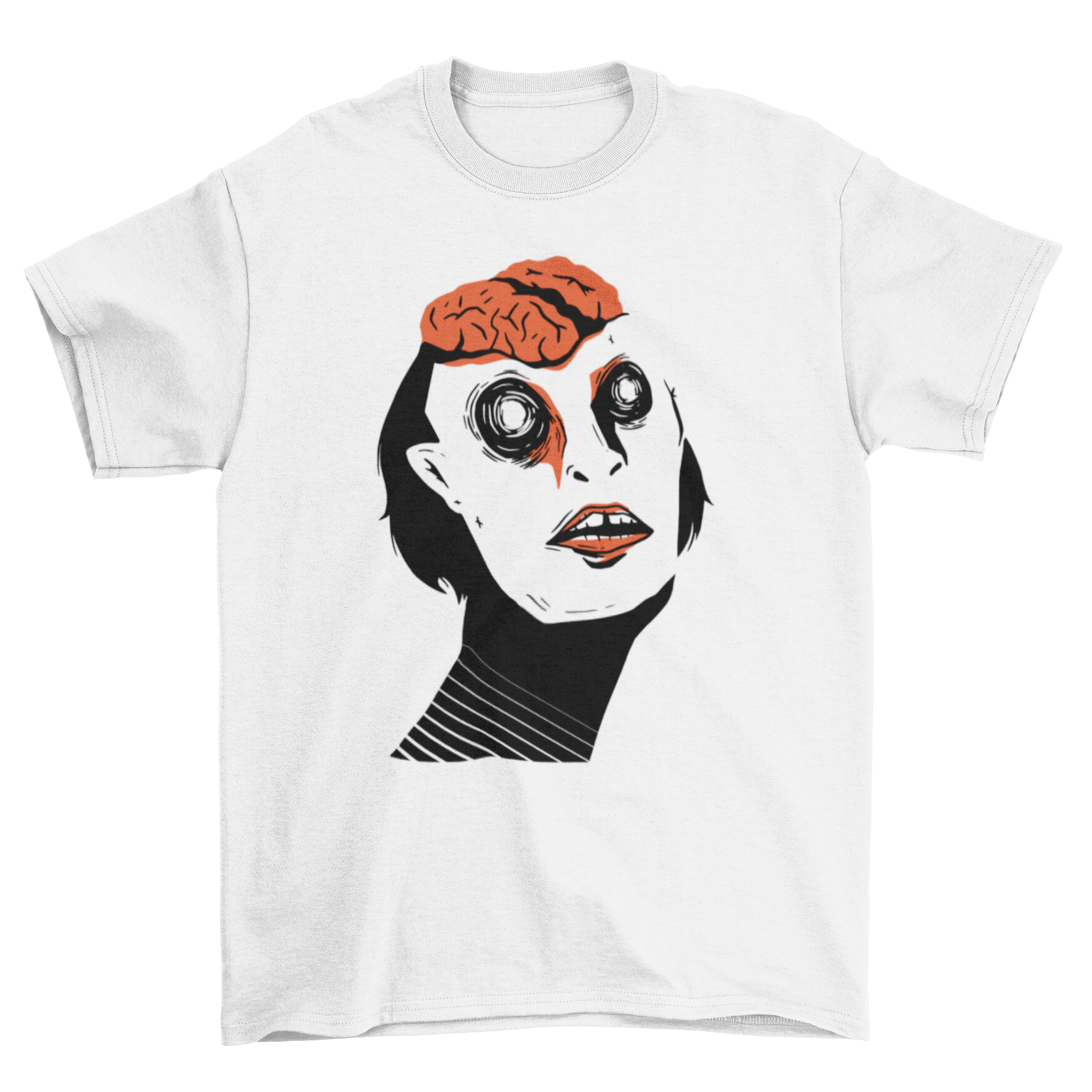 Halloween-themed t-shirt featuring a creepy character with an exposed brain and bloody eyes.