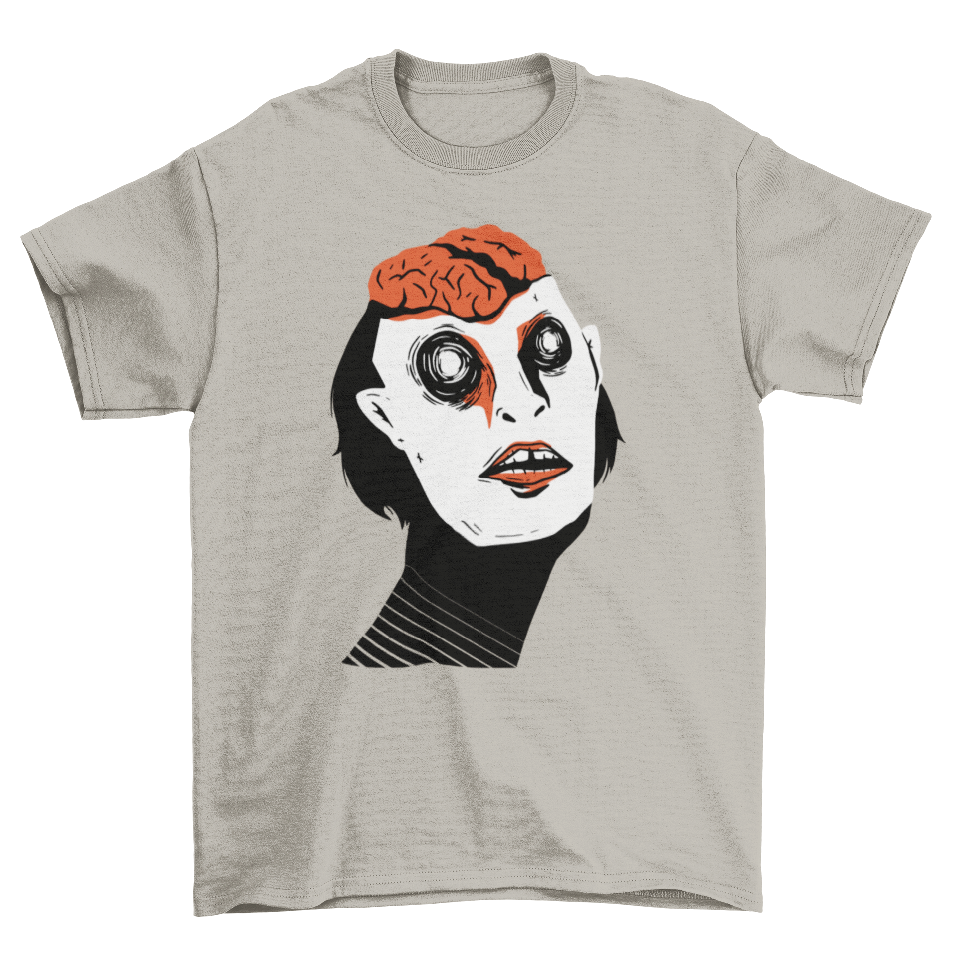 Halloween-themed t-shirt featuring a creepy character with an exposed brain and bloody eyes.