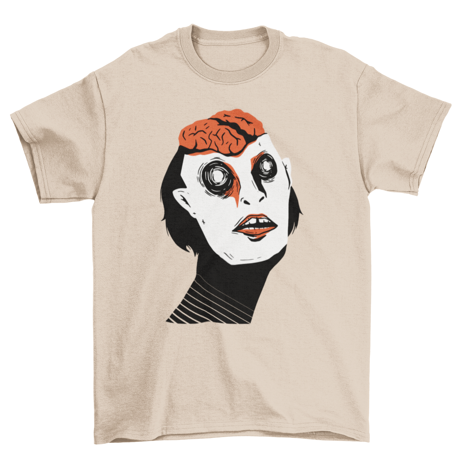 Halloween-themed t-shirt featuring a creepy character with an exposed brain and bloody eyes.