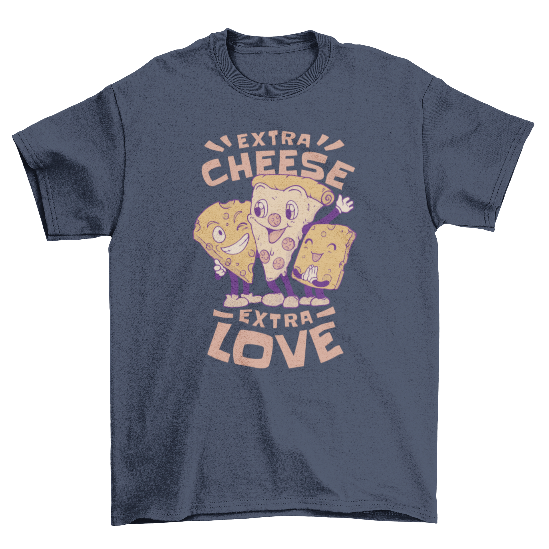 Extra Cheese Pizza Cartoon T-Shirt featuring a colorful pizza design with cheese slices.