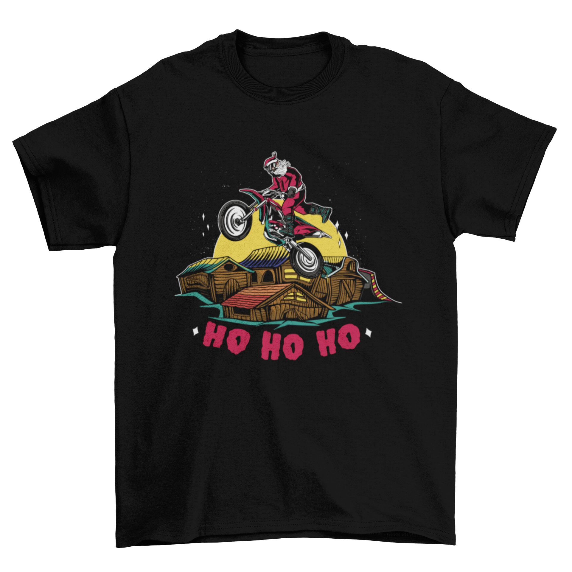 Extreme Santa Christmas t-shirt featuring Santa riding a bike over wooden houses with the quote 'Ho ho ho'.