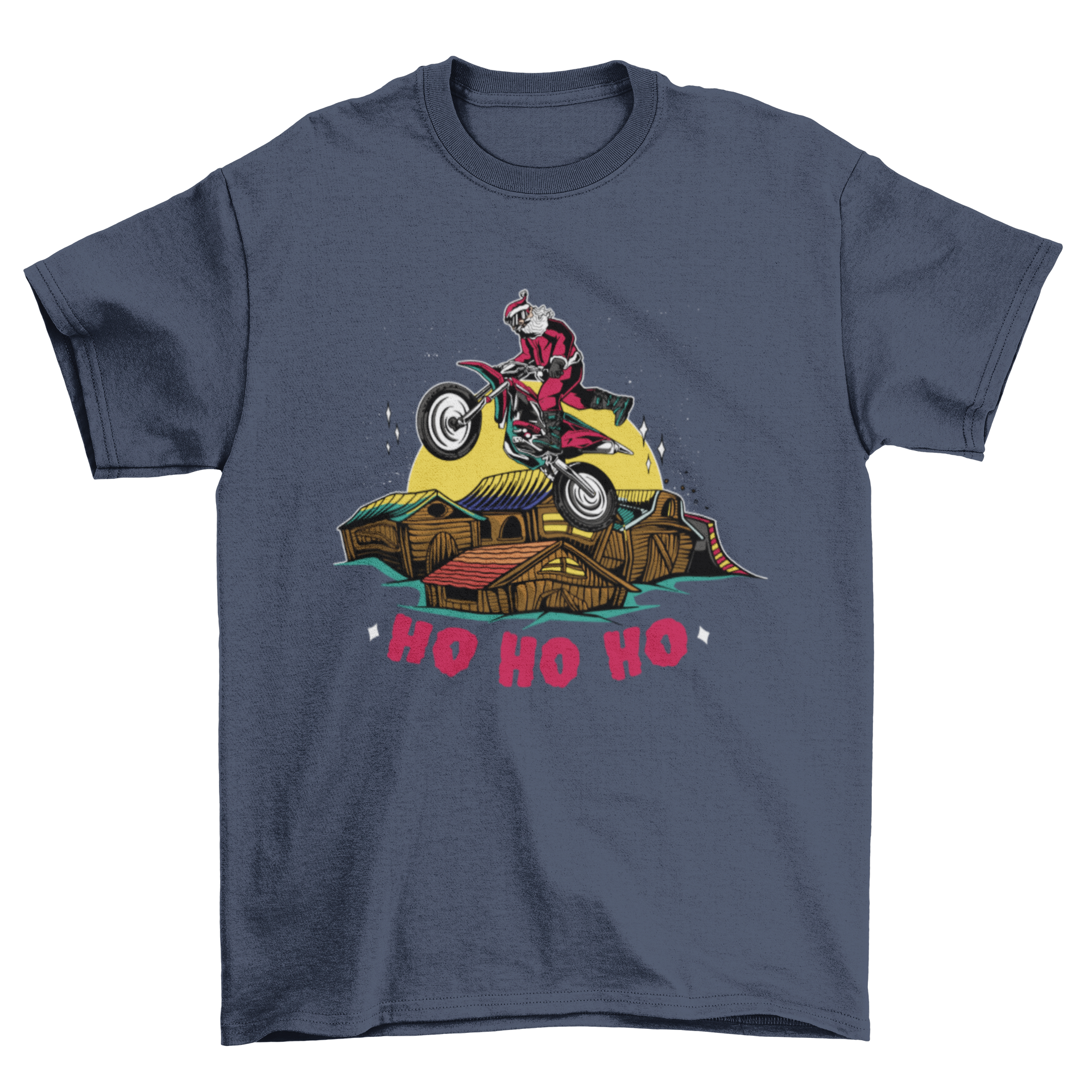 Extreme Santa Christmas t-shirt featuring Santa riding a bike over wooden houses with the quote 'Ho ho ho'.