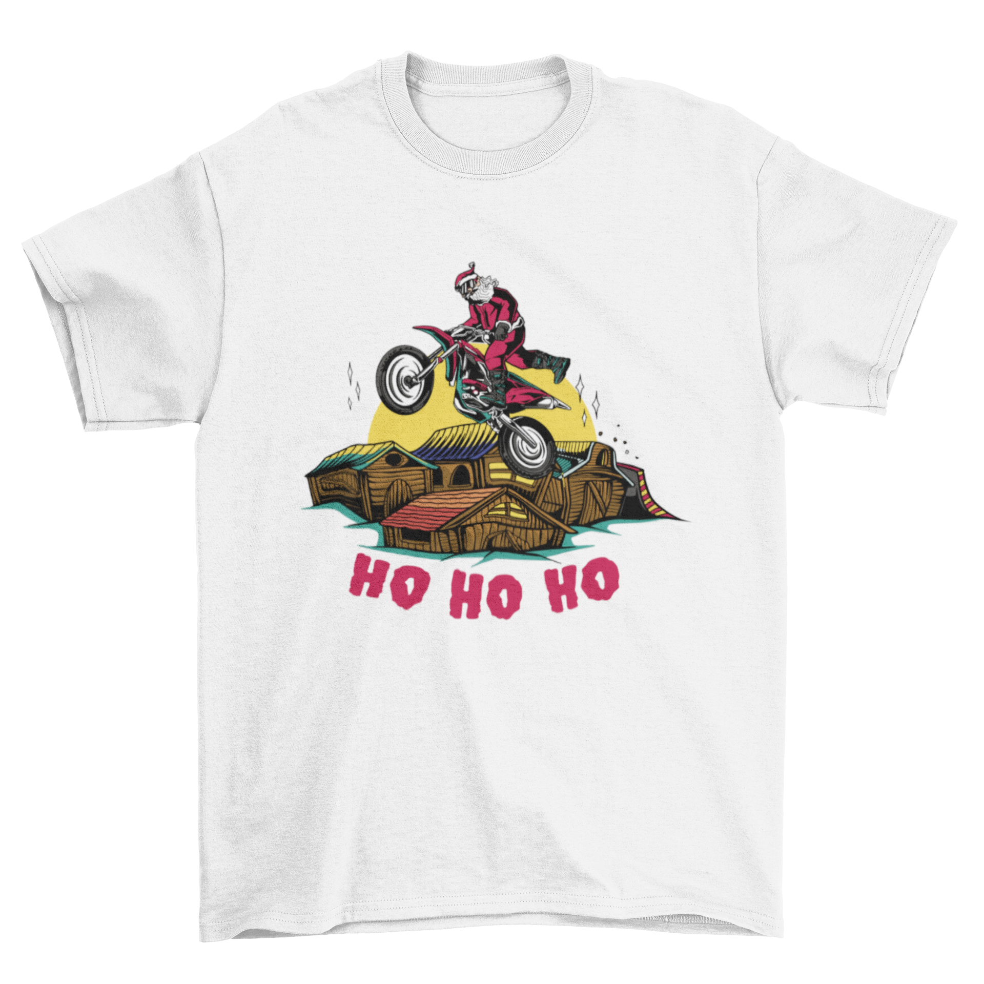 Extreme Santa Christmas t-shirt featuring Santa riding a bike over wooden houses with the quote 'Ho ho ho'.