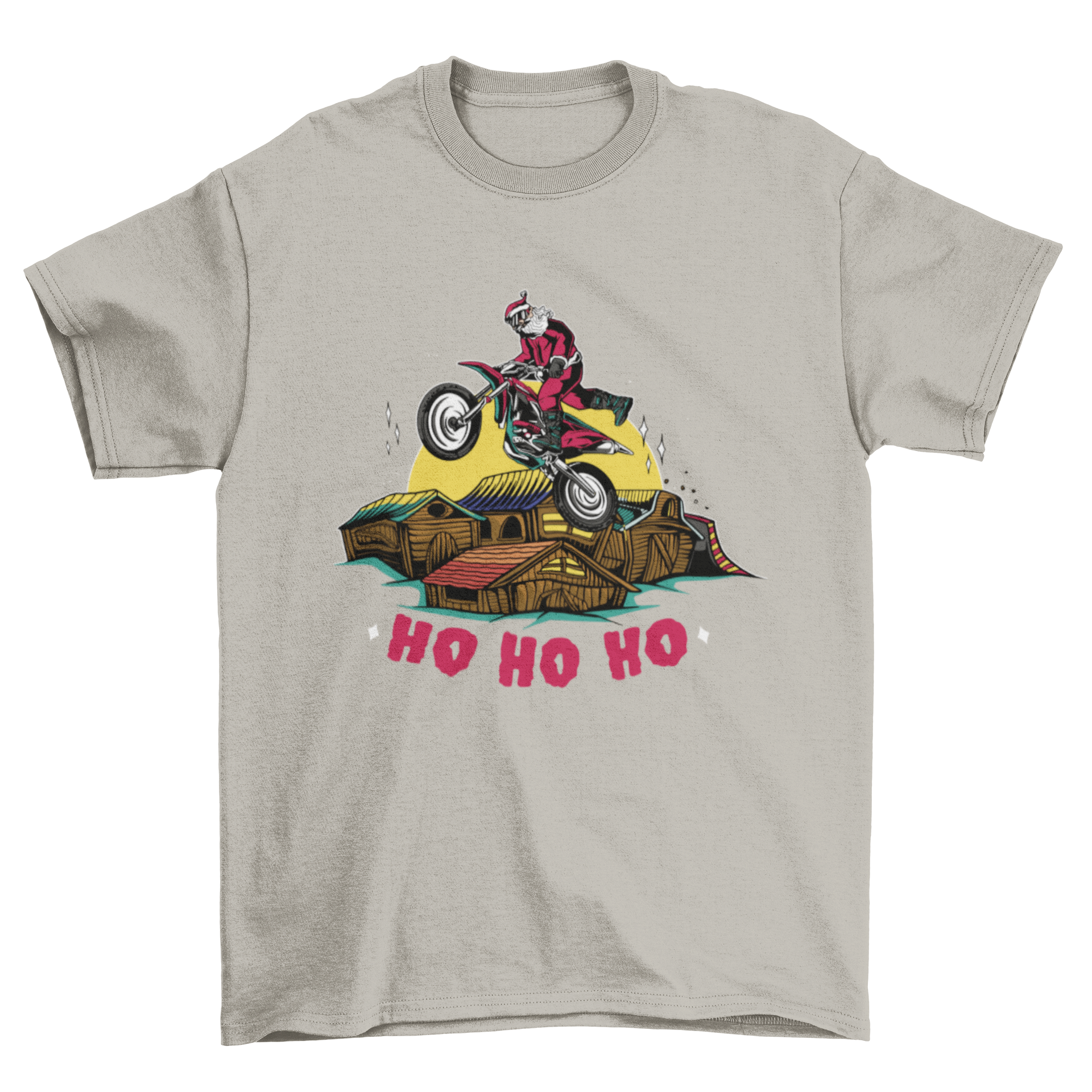 Extreme Santa Christmas t-shirt featuring Santa riding a bike over wooden houses with the quote 'Ho ho ho'.