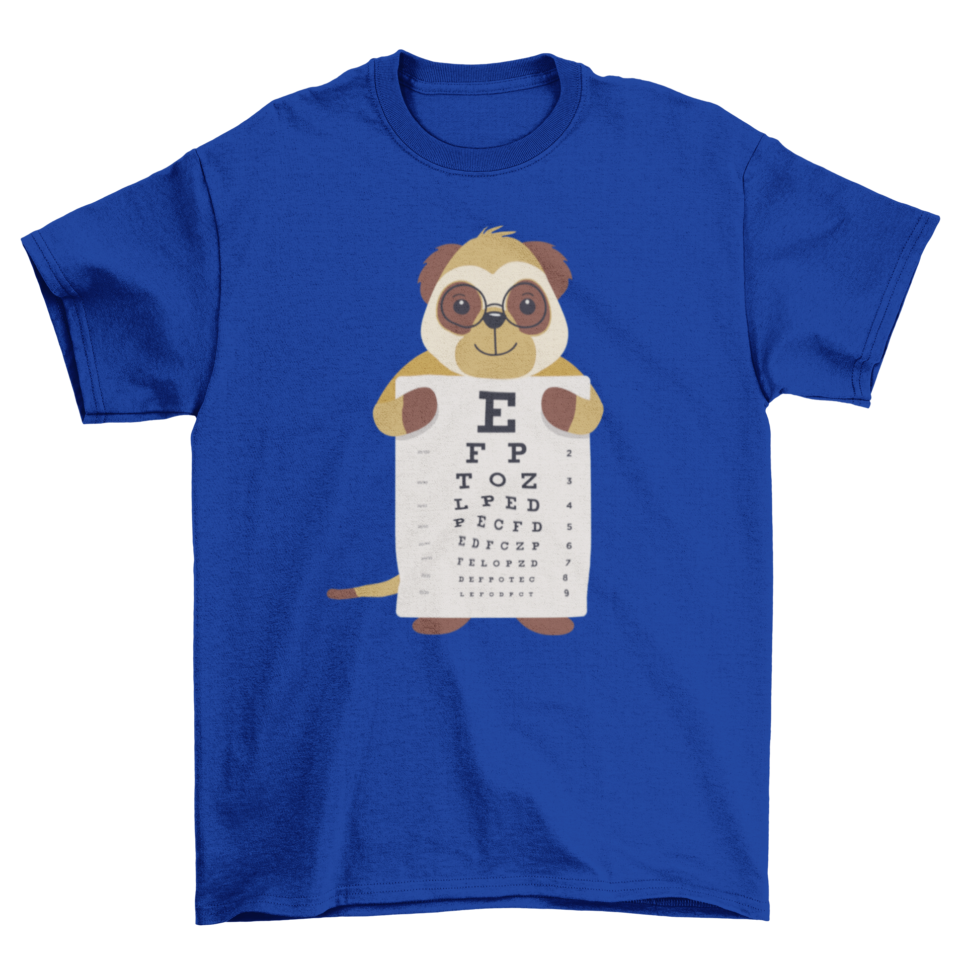 A stylish t-shirt featuring a meerkat wearing glasses and holding an eye chart, showcasing a fun and quirky design.