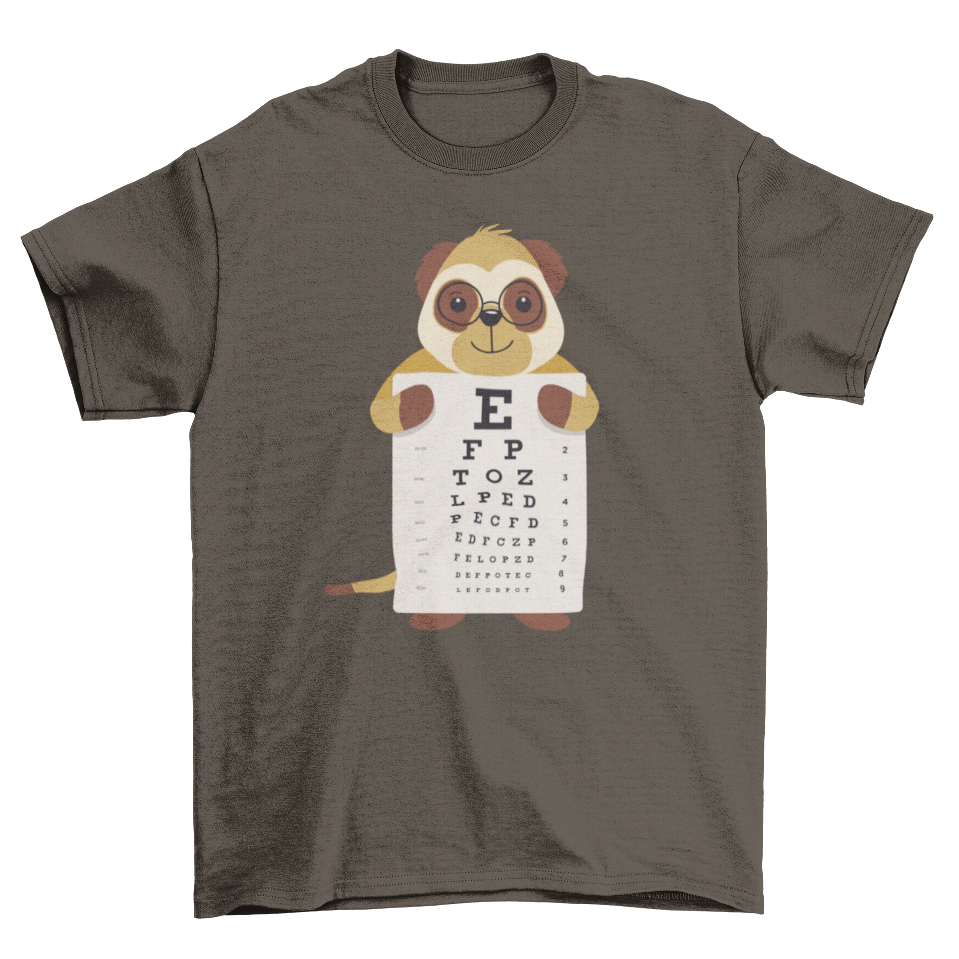 A stylish t-shirt featuring a meerkat wearing glasses and holding an eye chart, showcasing a fun and quirky design.