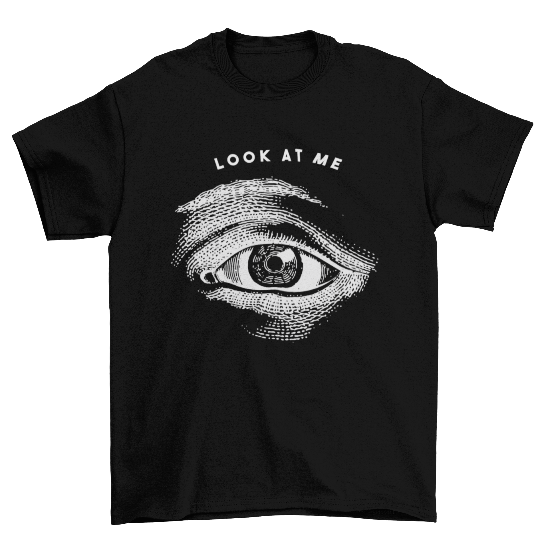 A stylish t-shirt featuring an illustrated eye design with the phrase 'Look at me' printed below.