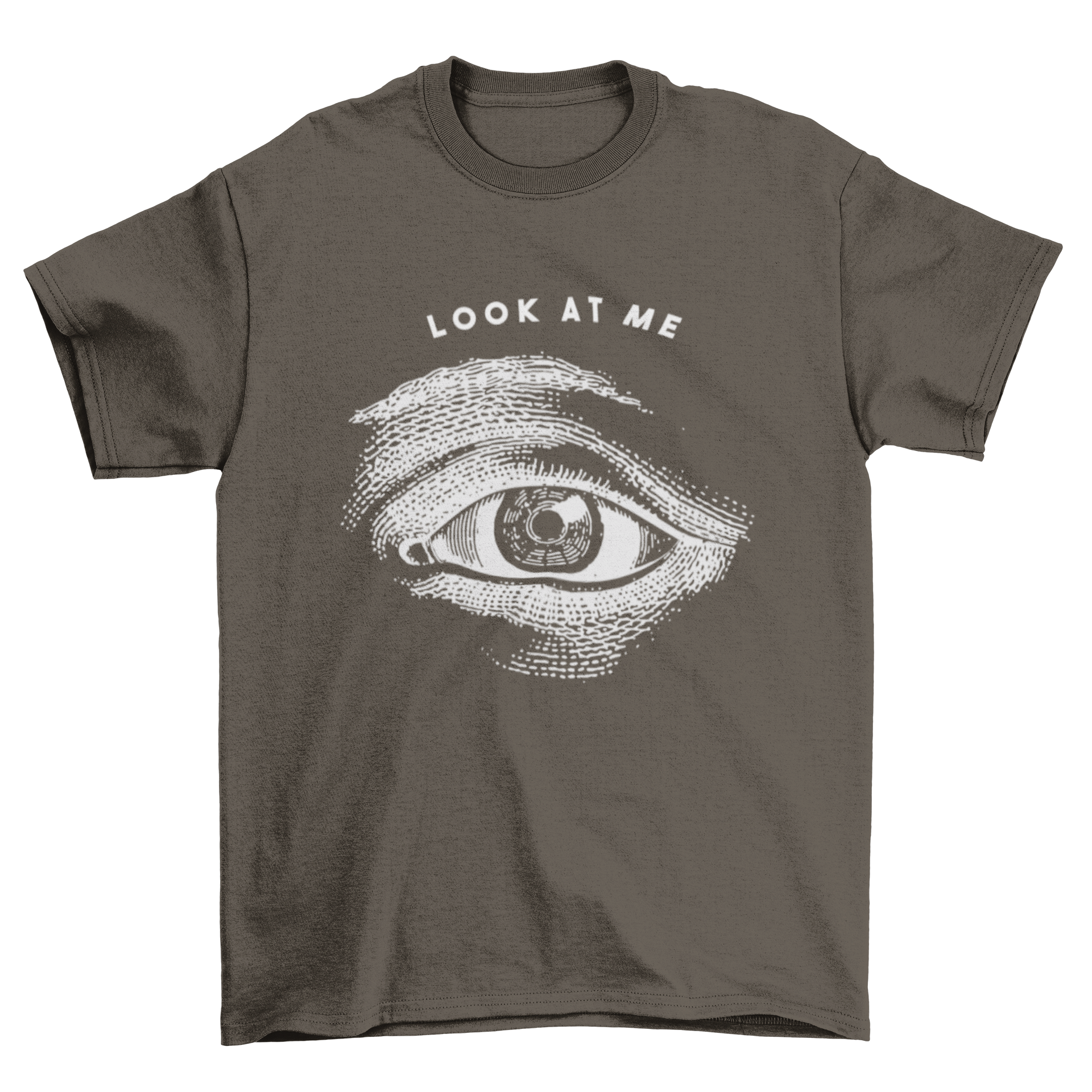 A stylish t-shirt featuring an illustrated eye design with the phrase 'Look at me' printed below.