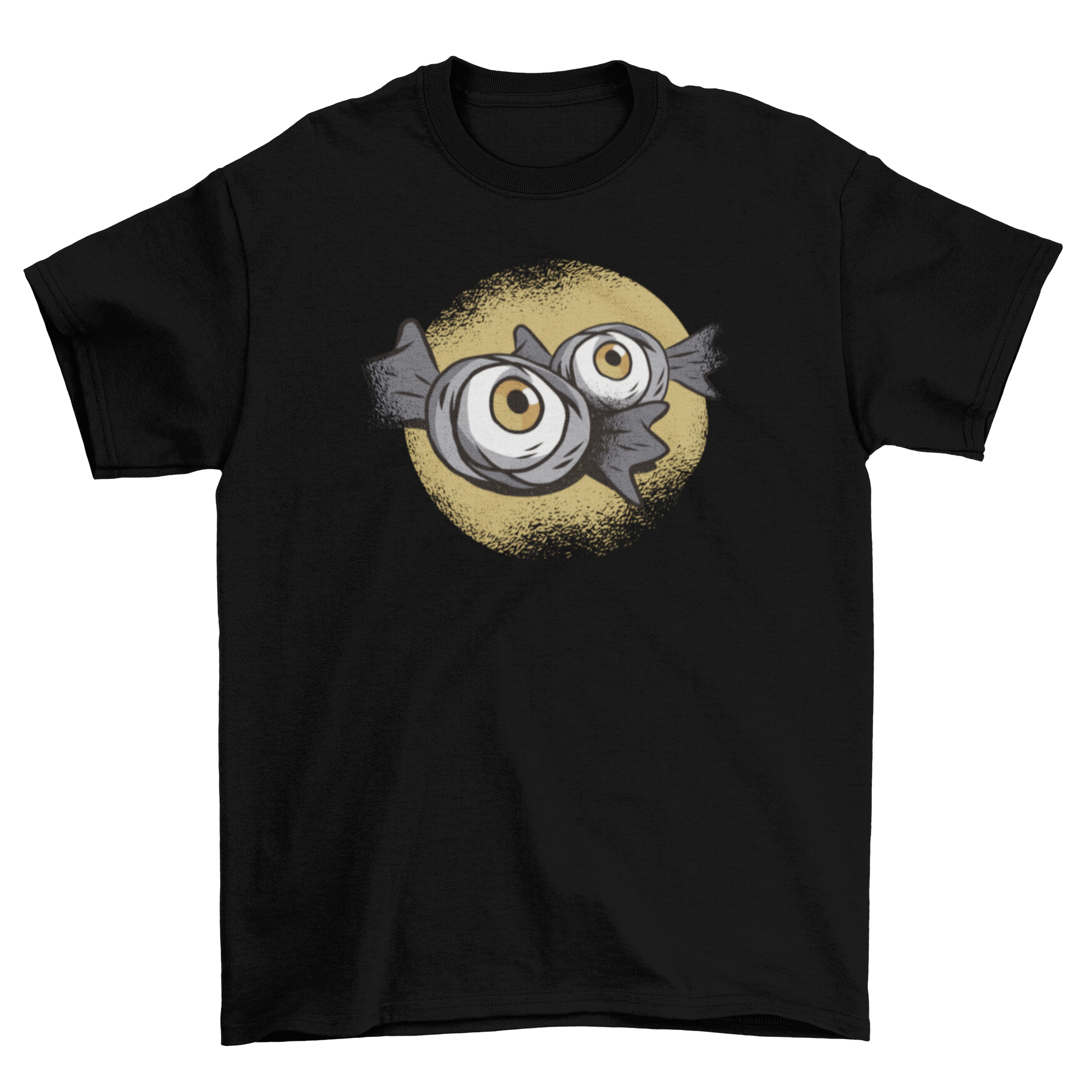 A stylish t-shirt featuring dark eyeball candies on a grungy full moon backdrop, perfect for Halloween.