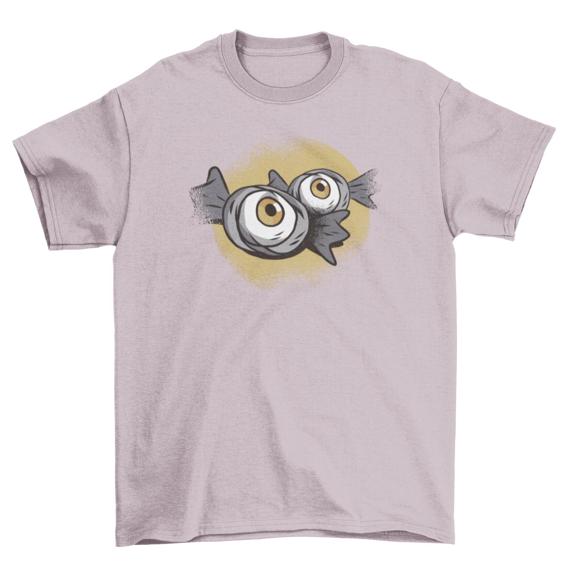 A stylish t-shirt featuring dark eyeball candies on a grungy full moon backdrop, perfect for Halloween.