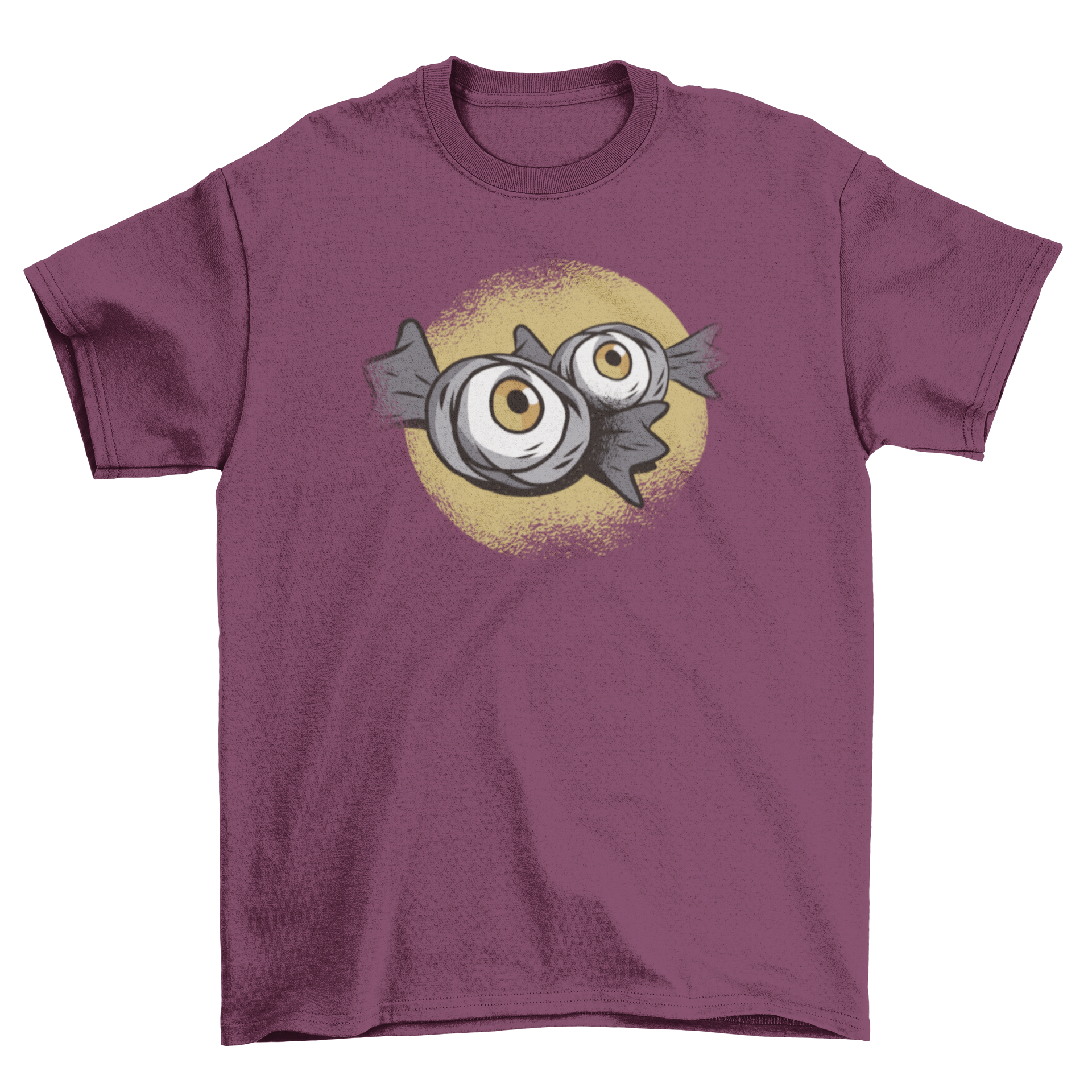 A stylish t-shirt featuring dark eyeball candies on a grungy full moon backdrop, perfect for Halloween.