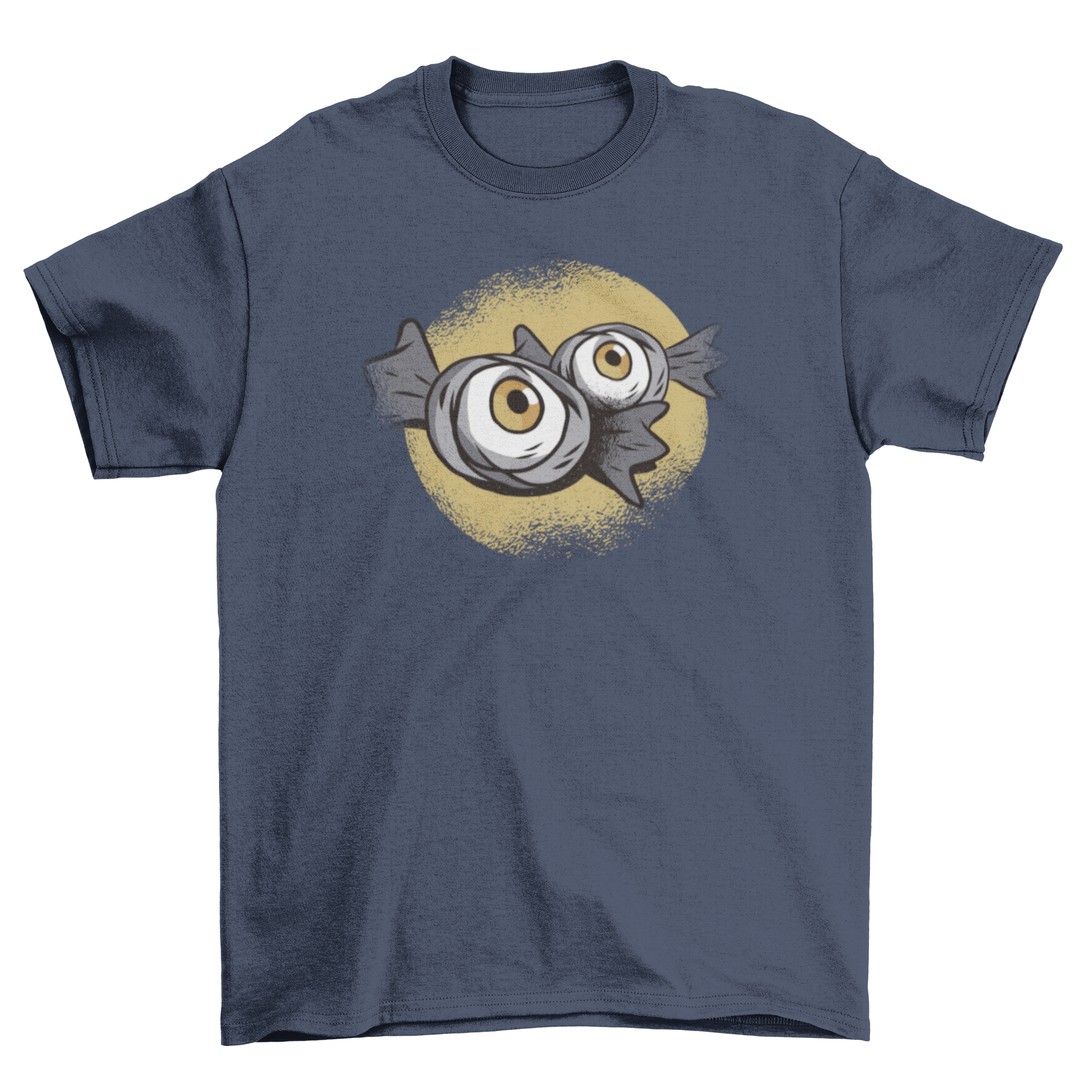 A stylish t-shirt featuring dark eyeball candies on a grungy full moon backdrop, perfect for Halloween.