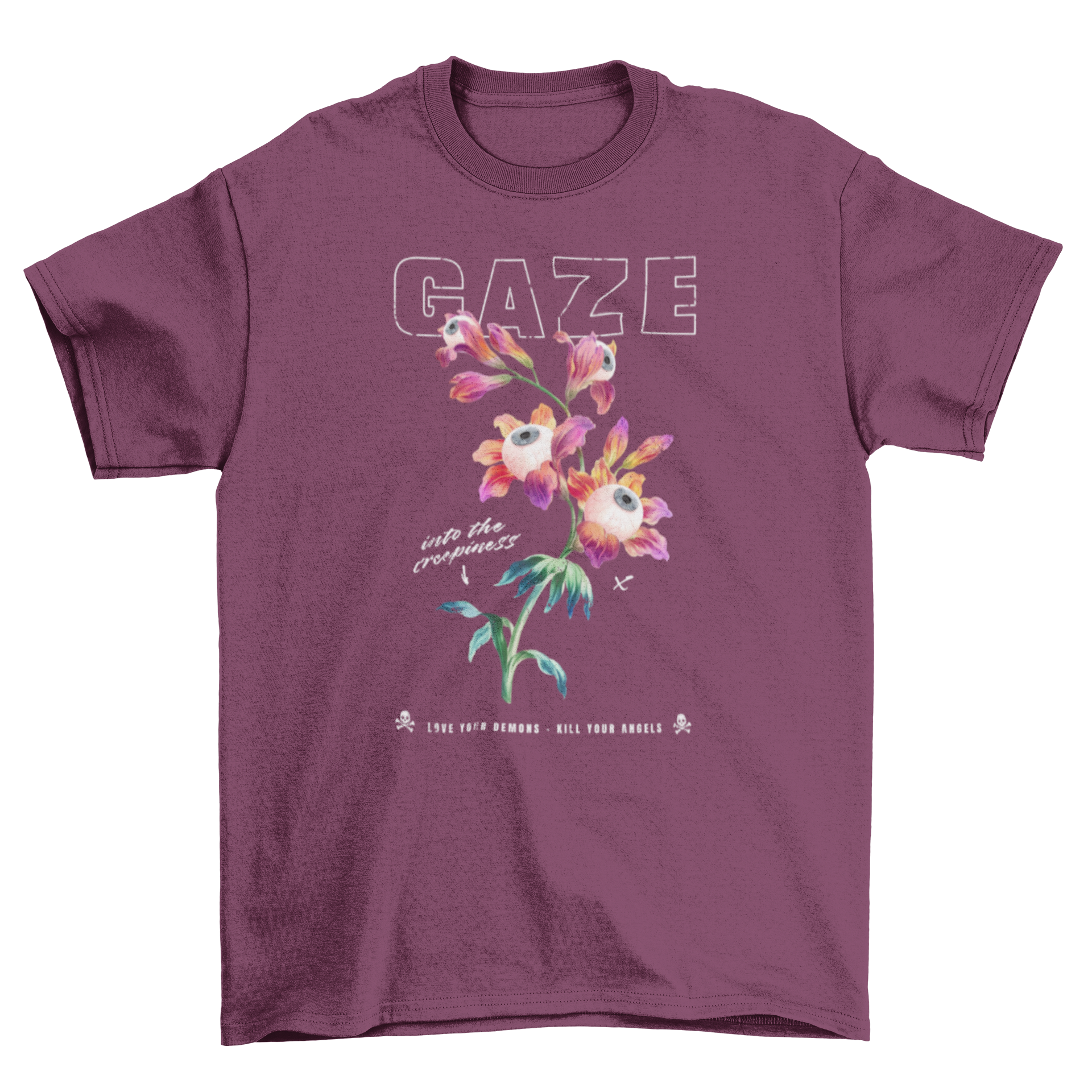 A unique t-shirt featuring a design of flowers with eyeballs and the quotes 'Gaze' and 'Into the creepiness'.