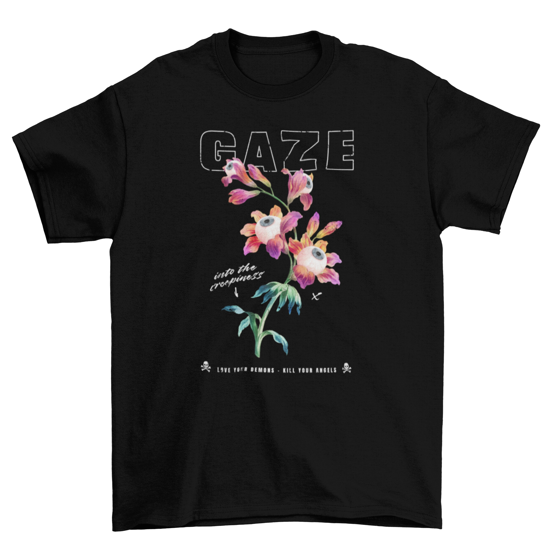 A unique t-shirt featuring a design of flowers with eyeballs and the quotes 'Gaze' and 'Into the creepiness'.