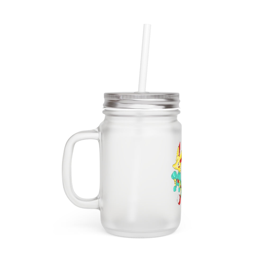 A stylish Fabaryu Mason Jar made of frosted glass, featuring a straw and lid, perfect for personalized drinks.