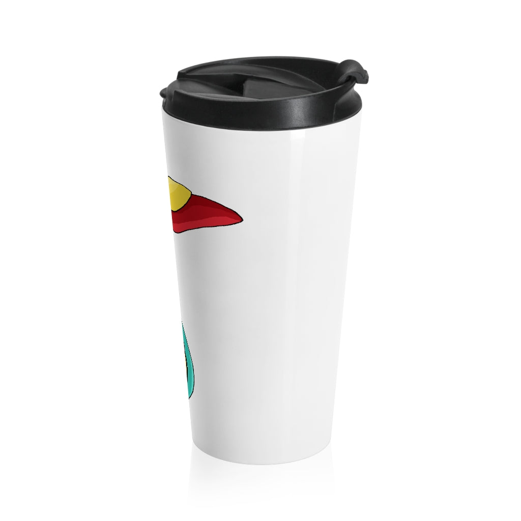 Fabaryu Stainless Steel Travel Mug with black plastic lid, showcasing its sleek design and sublimation printing.