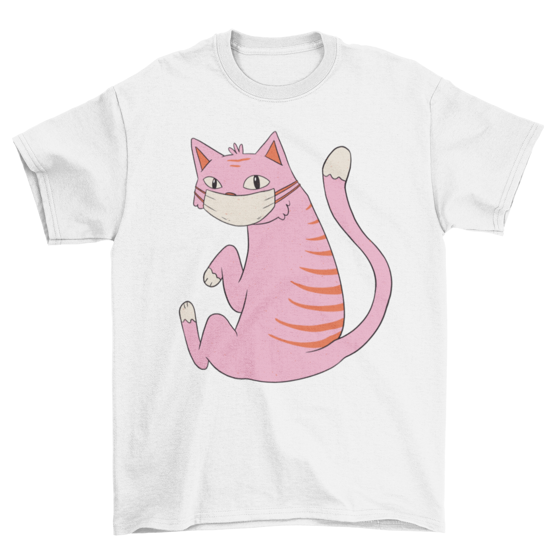 A stylish T-shirt featuring a cute pink cat wearing a face mask, perfect for cat lovers.