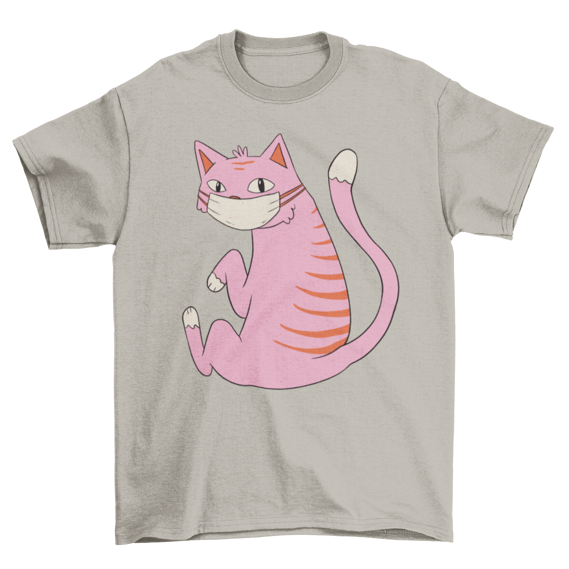 A stylish T-shirt featuring a cute pink cat wearing a face mask, perfect for cat lovers.