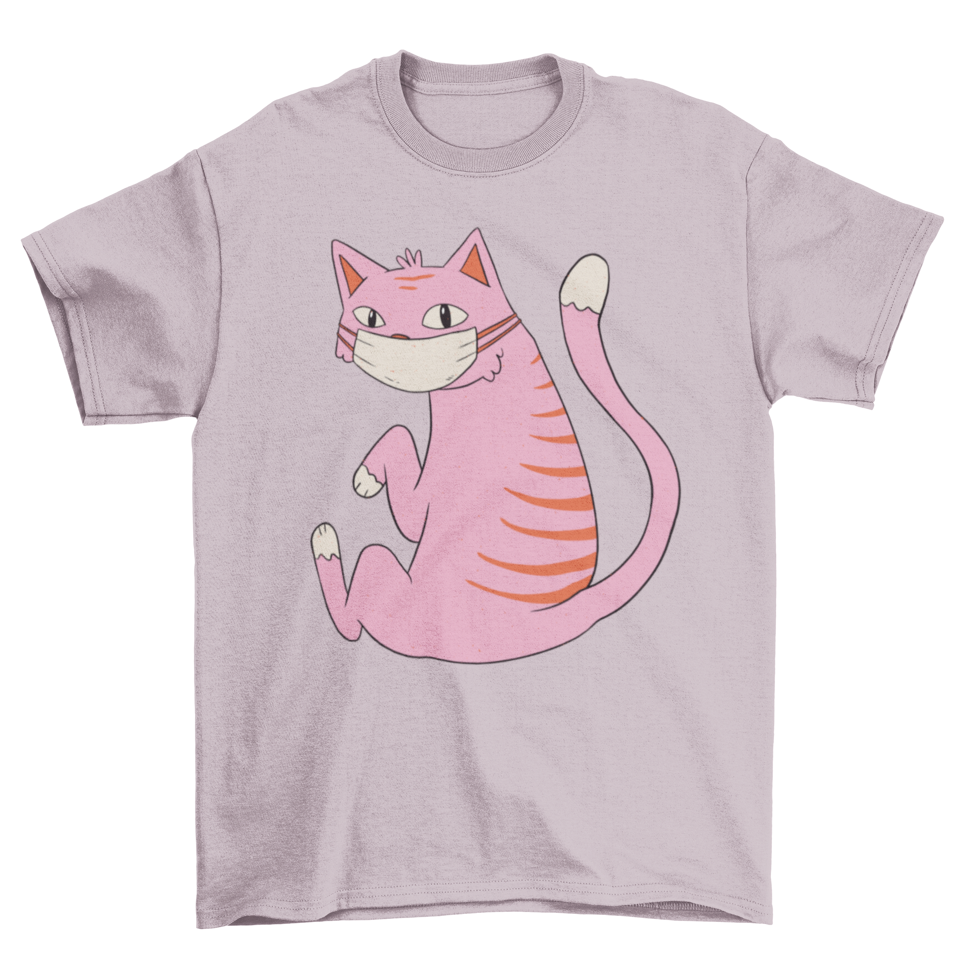 A stylish T-shirt featuring a cute pink cat wearing a face mask, perfect for cat lovers.