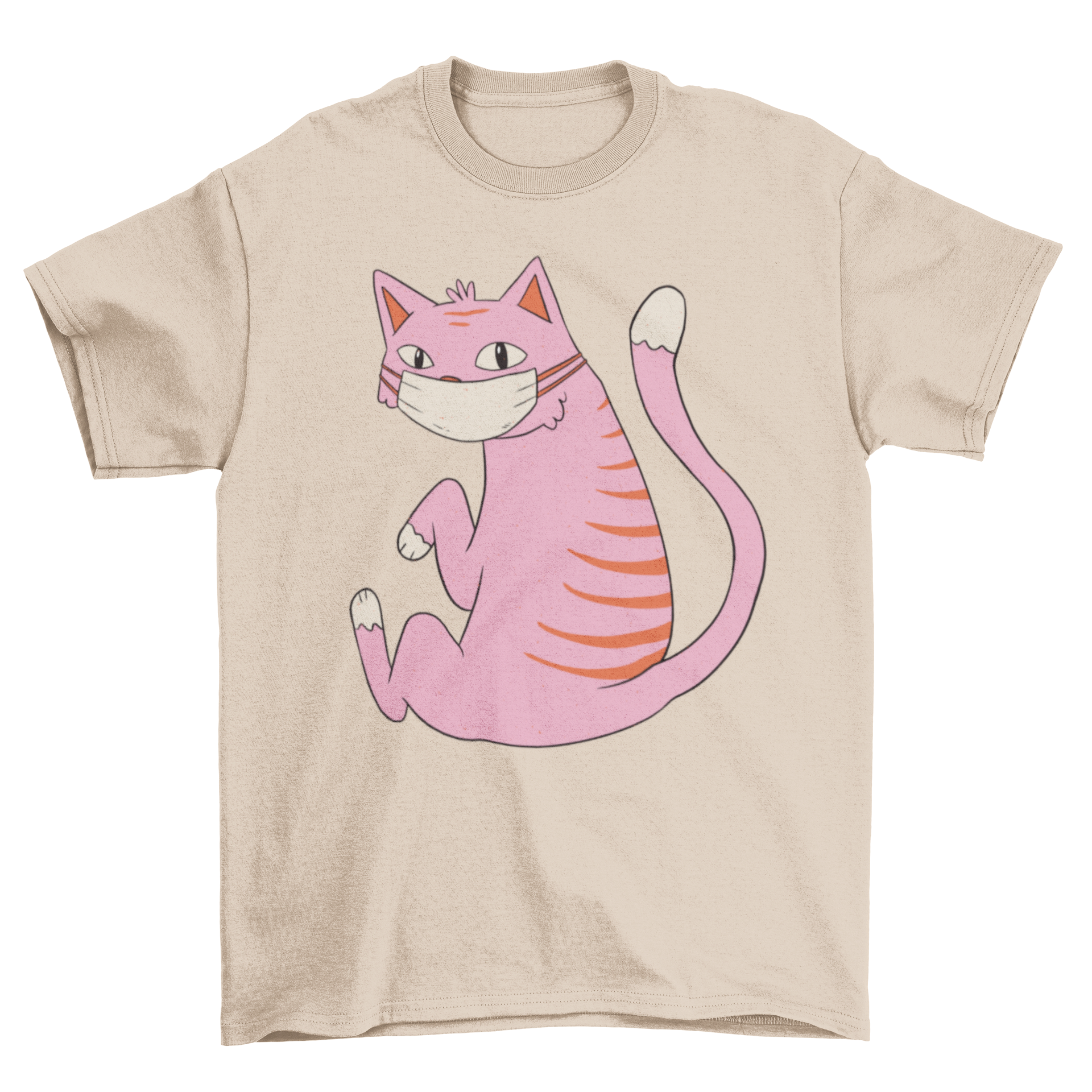 A stylish T-shirt featuring a cute pink cat wearing a face mask, perfect for cat lovers.