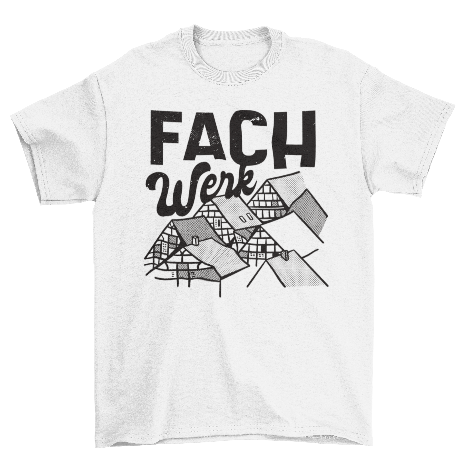 Fachwerk t-shirt featuring a detailed truss illustration and caption.