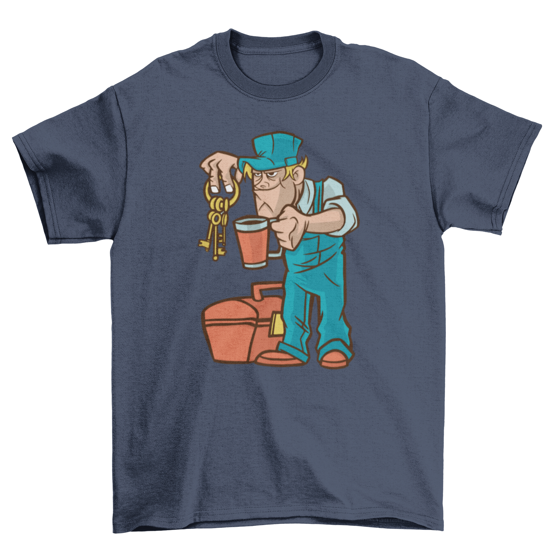 A stylish facility manager t-shirt featuring an illustration of a facility manager holding keys and a cup of coffee.