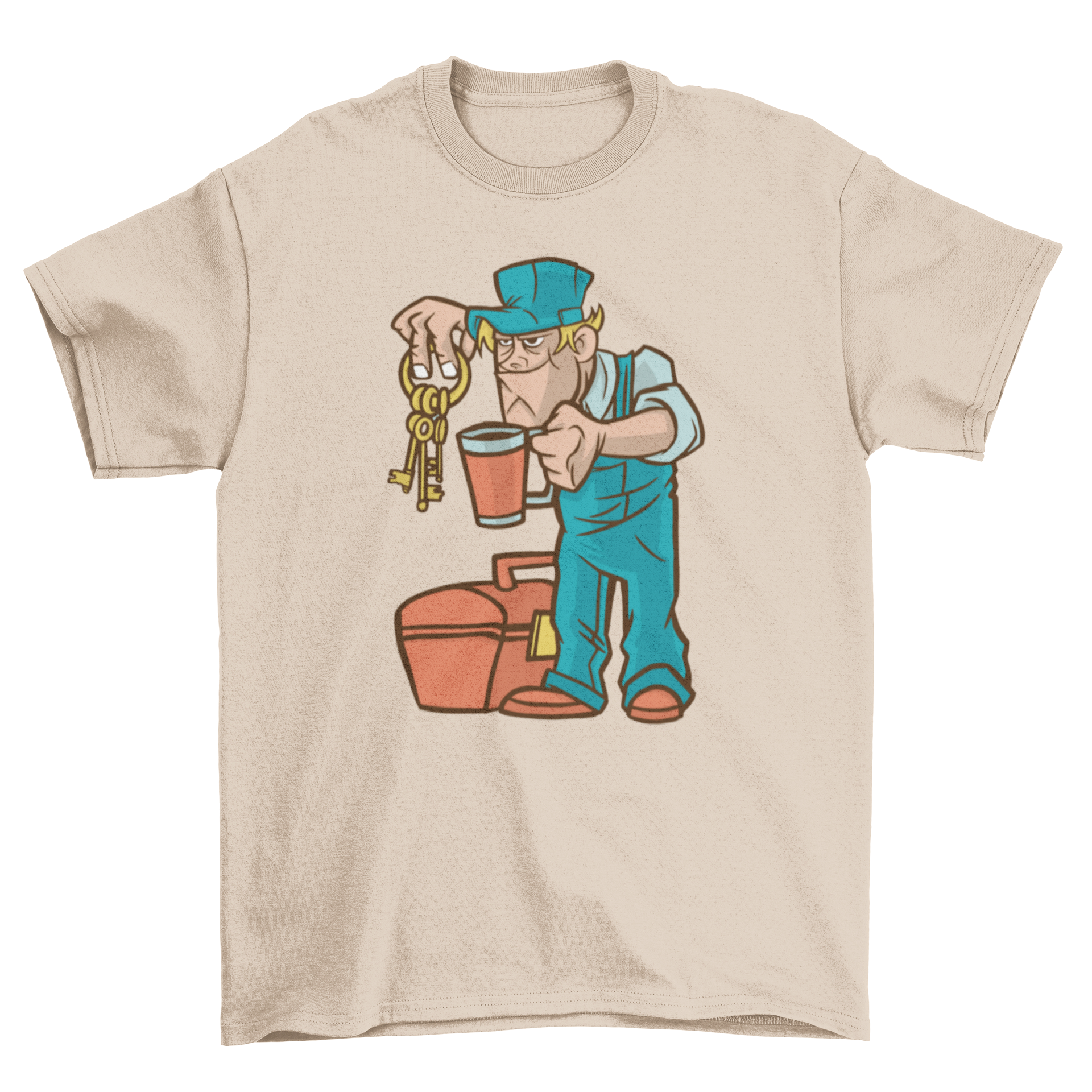 A stylish facility manager t-shirt featuring an illustration of a facility manager holding keys and a cup of coffee.