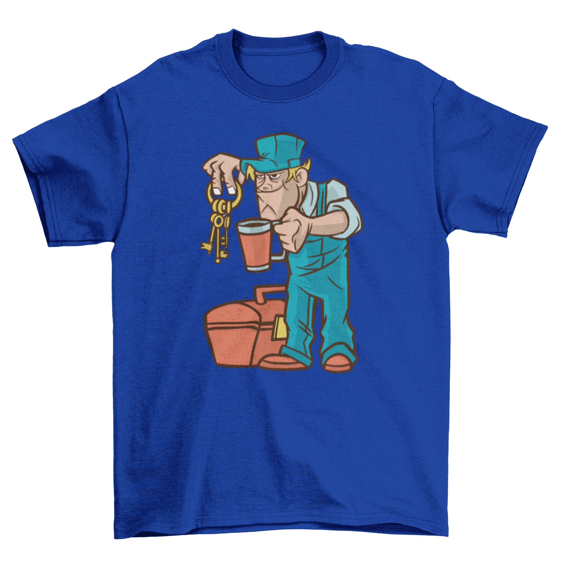 A stylish facility manager t-shirt featuring an illustration of a facility manager holding keys and a cup of coffee.