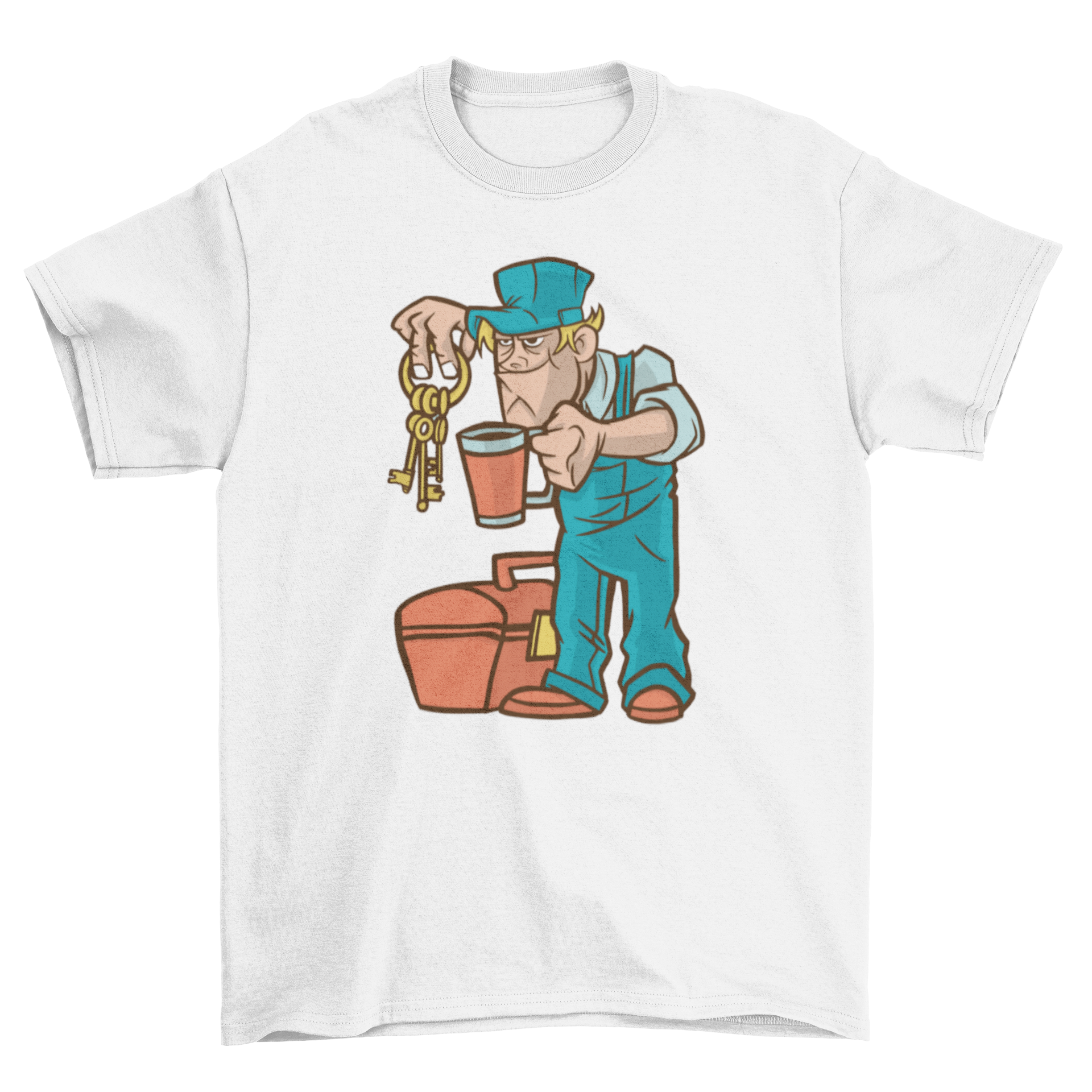 A stylish facility manager t-shirt featuring an illustration of a facility manager holding keys and a cup of coffee.