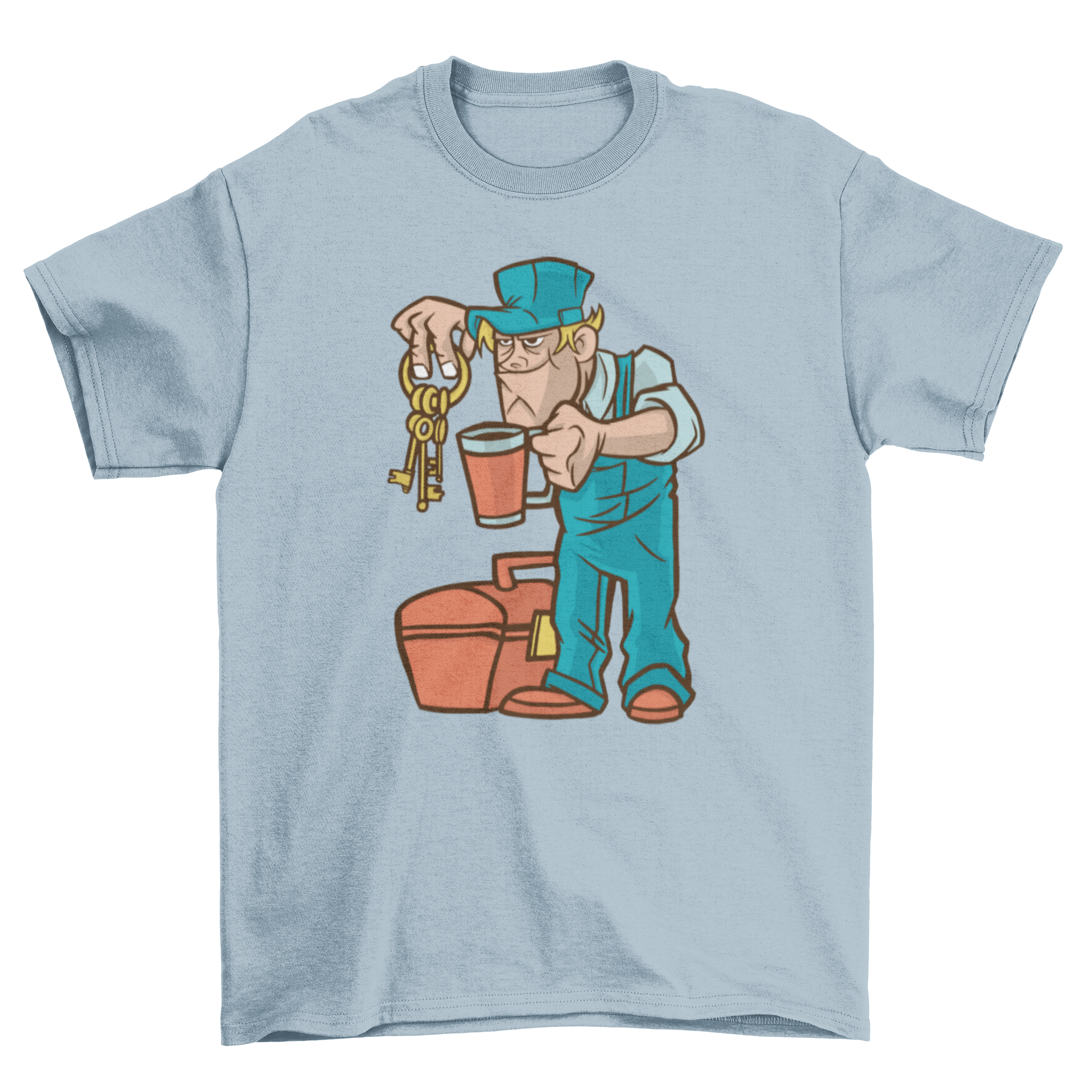 A stylish facility manager t-shirt featuring an illustration of a facility manager holding keys and a cup of coffee.