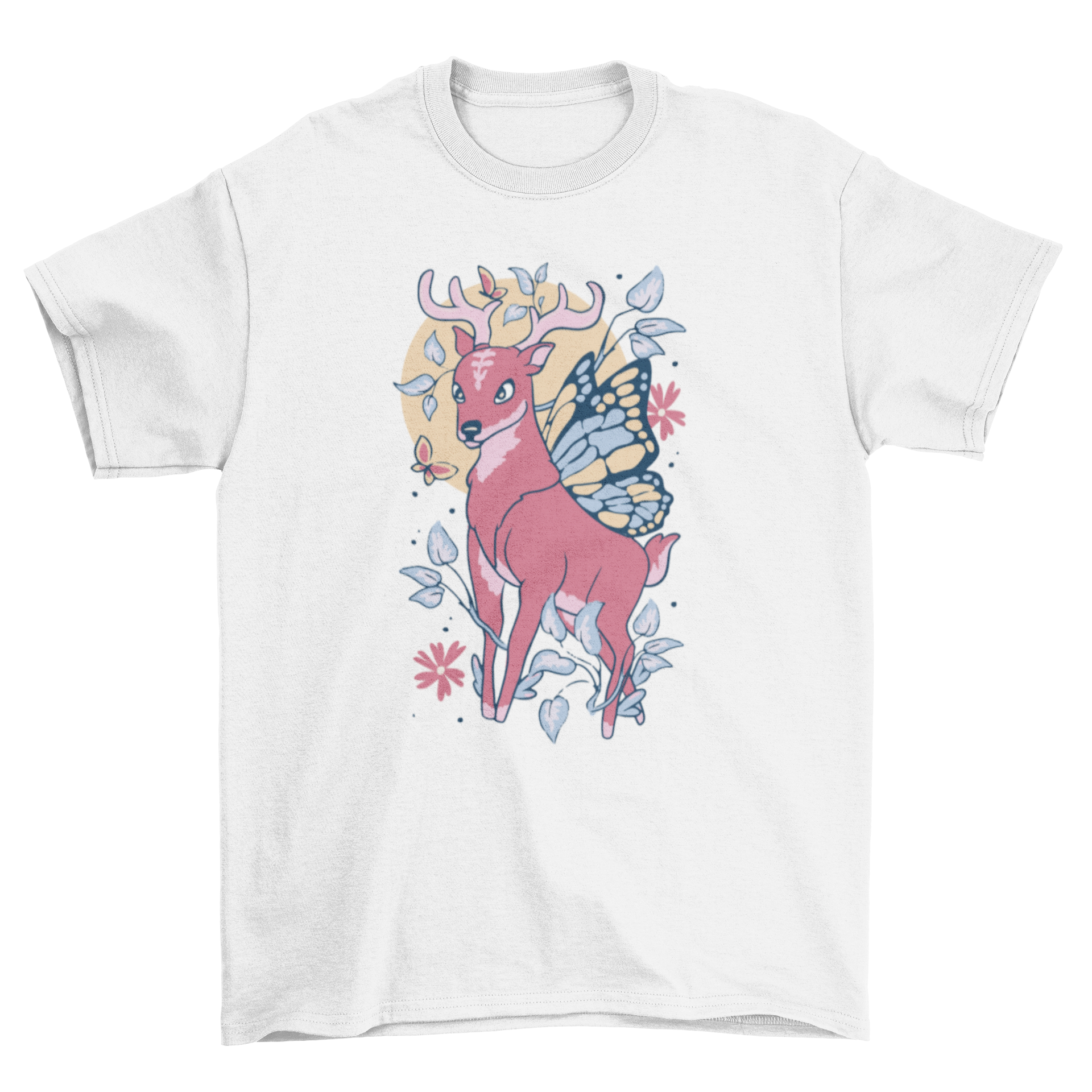 A whimsical t-shirt featuring a fairy deer with wings surrounded by colorful floral elements, perfect for nature lovers.