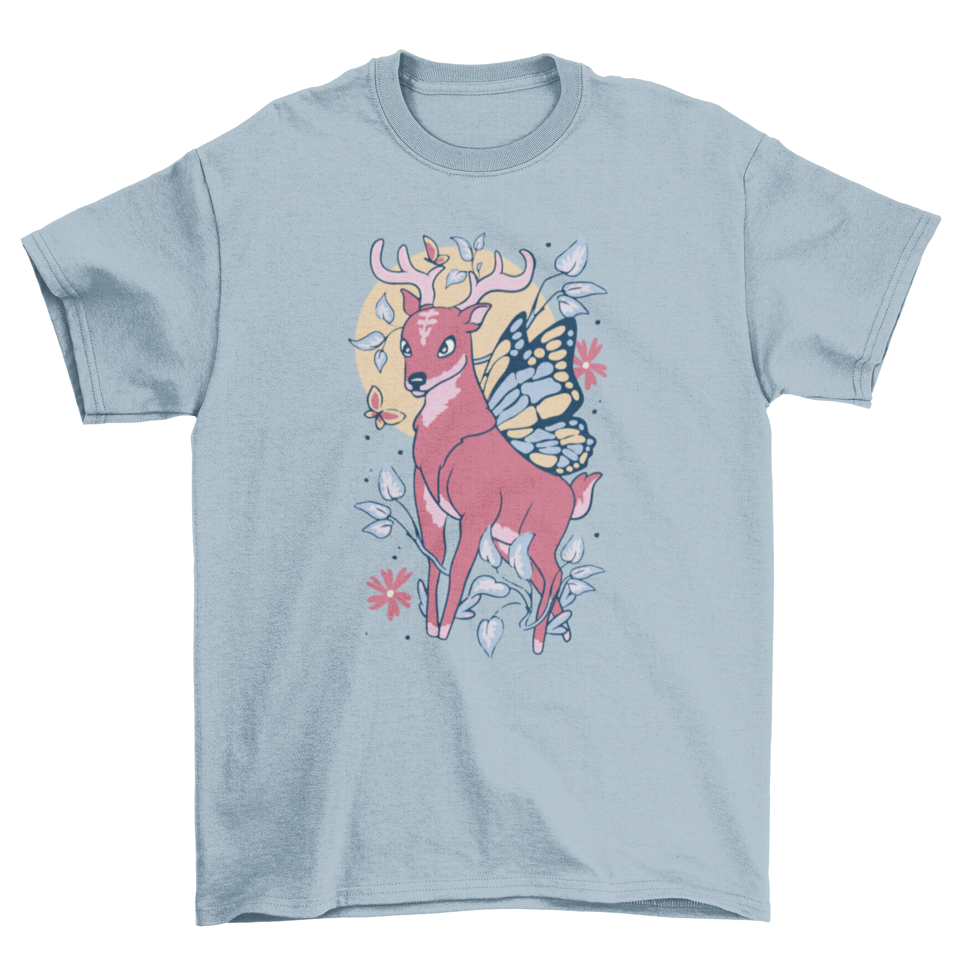 A whimsical t-shirt featuring a fairy deer with wings surrounded by colorful floral elements, perfect for nature lovers.